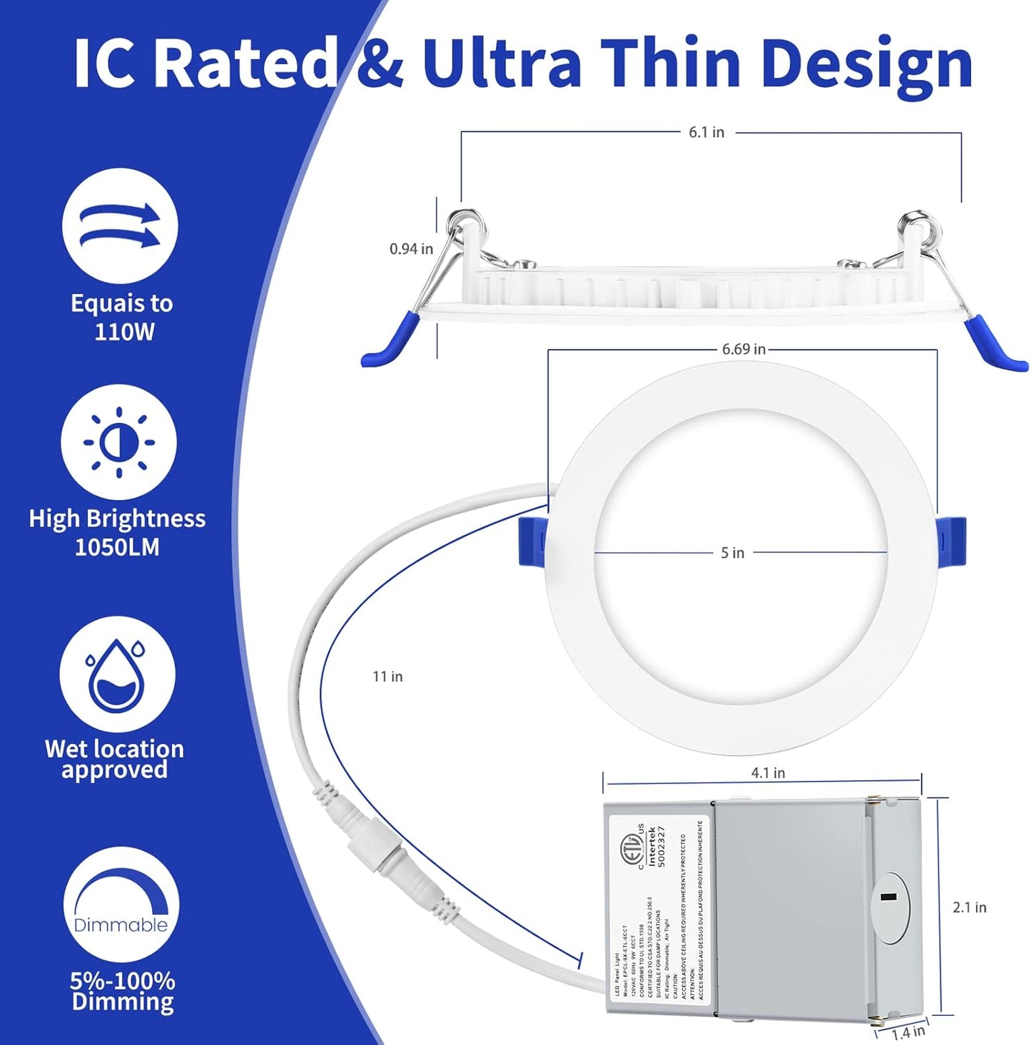 INCARLED 5CCT 16 Pack LED Recessed Lighting 6 Inch, 2700K/3000K/3500K/4000K/5000K Selectable, Dimmable Canless Wafer Lights with Junction Box, 12W