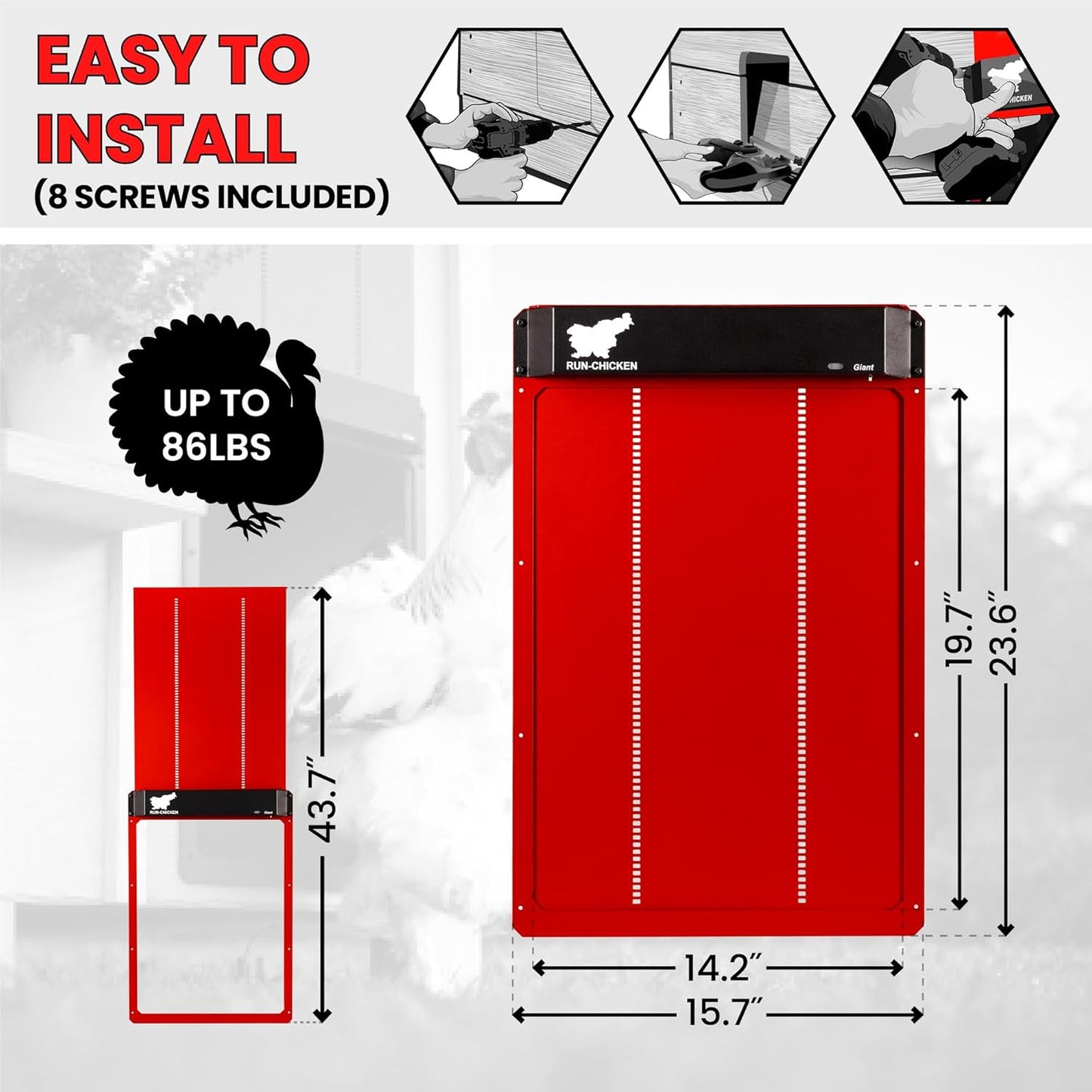 Chicken Door (Red) Giant for Large Poultry, Turkey Coop Door, Battery Powered, Large Size Automatic Coop Door, Full Aluminum Automatic Chicken Door