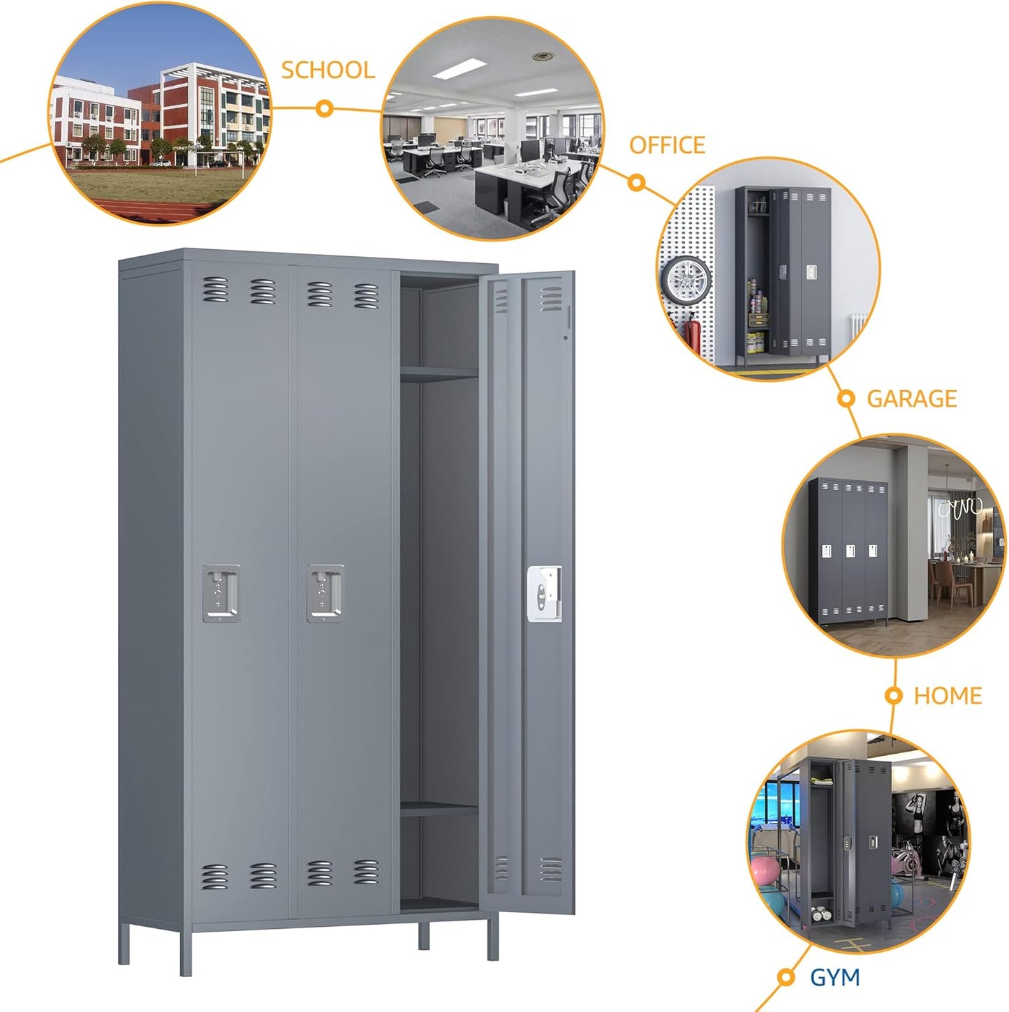 SUXXAN Metal Lockers for Employee, 72&#34; Tall Employee Locker with 3 Doors, Lockers for Storage in Gyms, Homes, Garages, and Offices with Hooks