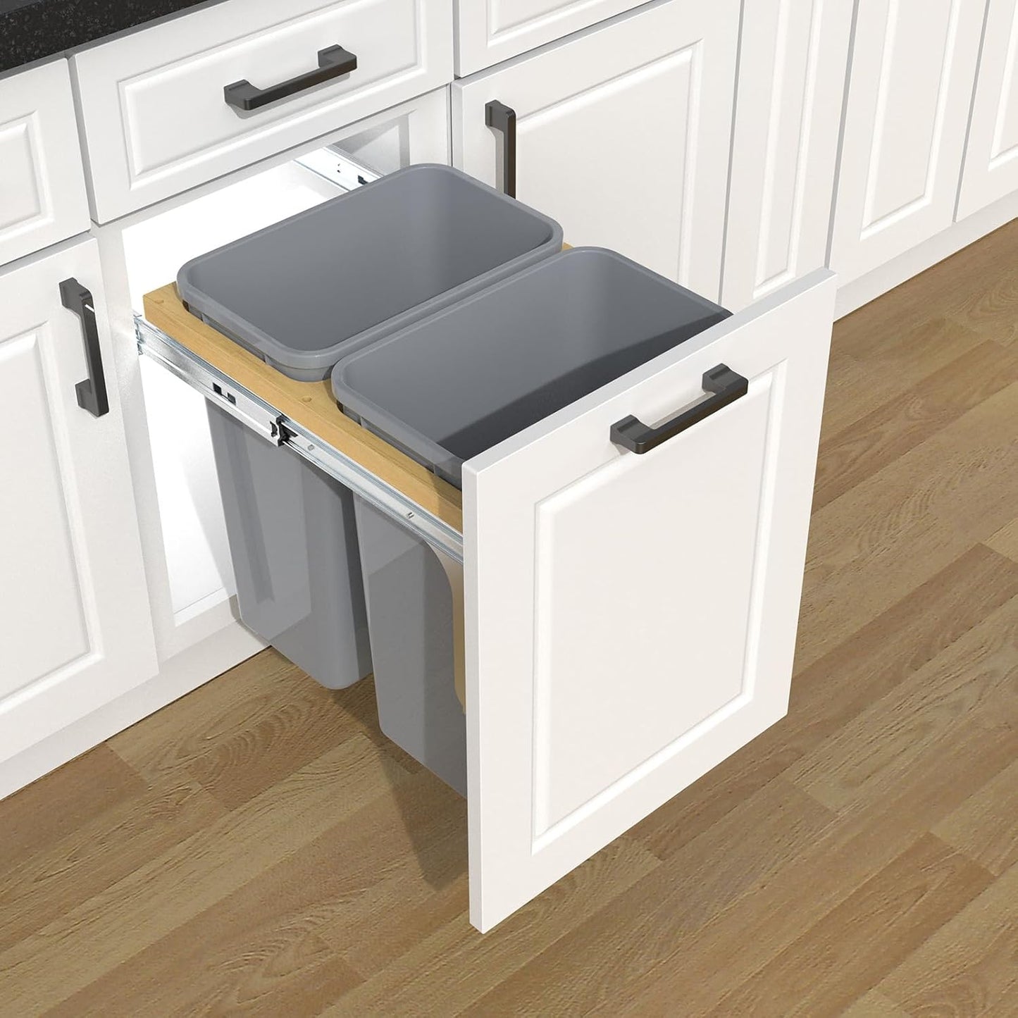 Double Pull Out Under Cabinet Trash Can 35 Qt Garbage Bin for 15' x 1.5' Face Frame, Grey