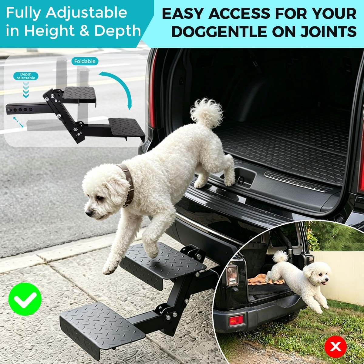 12" Wide 2-Step Folding Trailer Pet Hitch Step for 2" Receiver -Heavy Duty 2 Step Dog Stairs, 4-Position Adjustable Height, Towing Hitch Stair Fit for Truck Camper, RV, Pickup Truck, Trailer, SUV