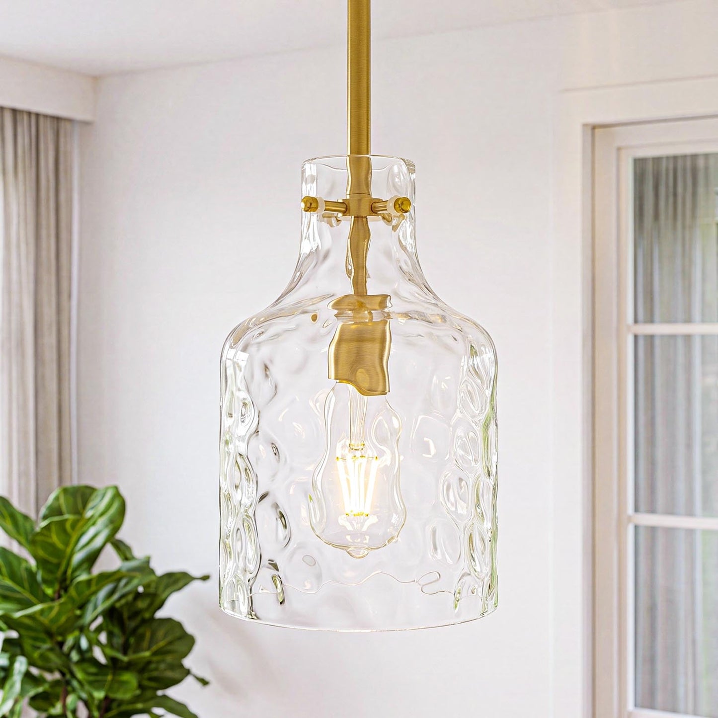 Pendant Light Fixture for Kitchen Island, Brushed Gold, 1 Pack | 7-inch Clear Hammered Glass Shade, Sturdy Metal Rod, Adjustable Height, E26 Socket, Ceiling Mount, Hardwired, 120V
