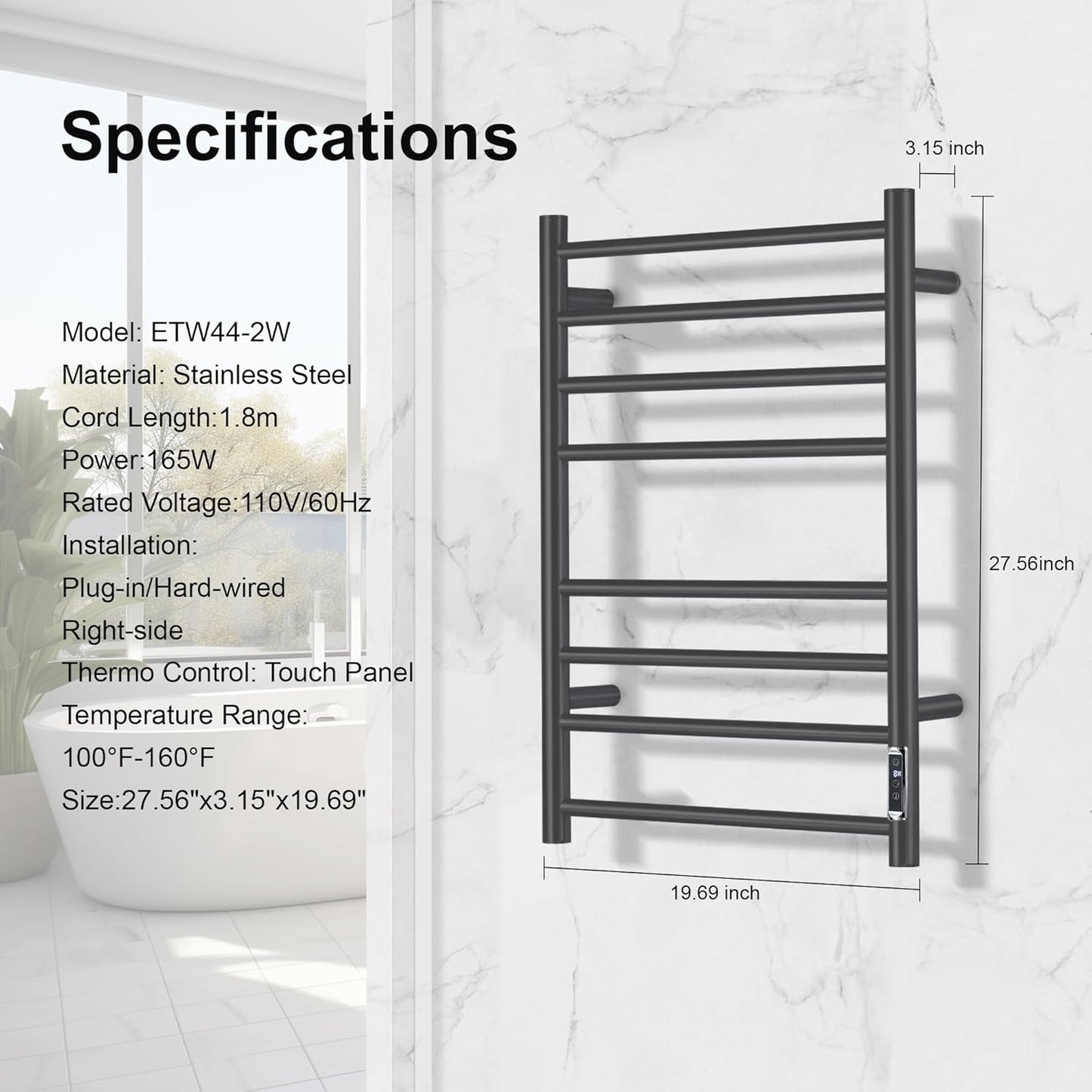 Towel Warmer Bathroom Wall Mounted Drying Rack Plug-in Electric Heated Towel Rack Stainless Steel Black with Timer & Temperature Control 8 Bar 8 Bar Black With Timer 8 Bar Etw44-2
