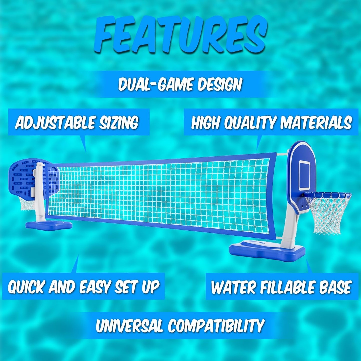 Pool Volleyball & Basketball Set  Adjustable Pool Basketball Hoop and Volleyball Net with Ball & Pump