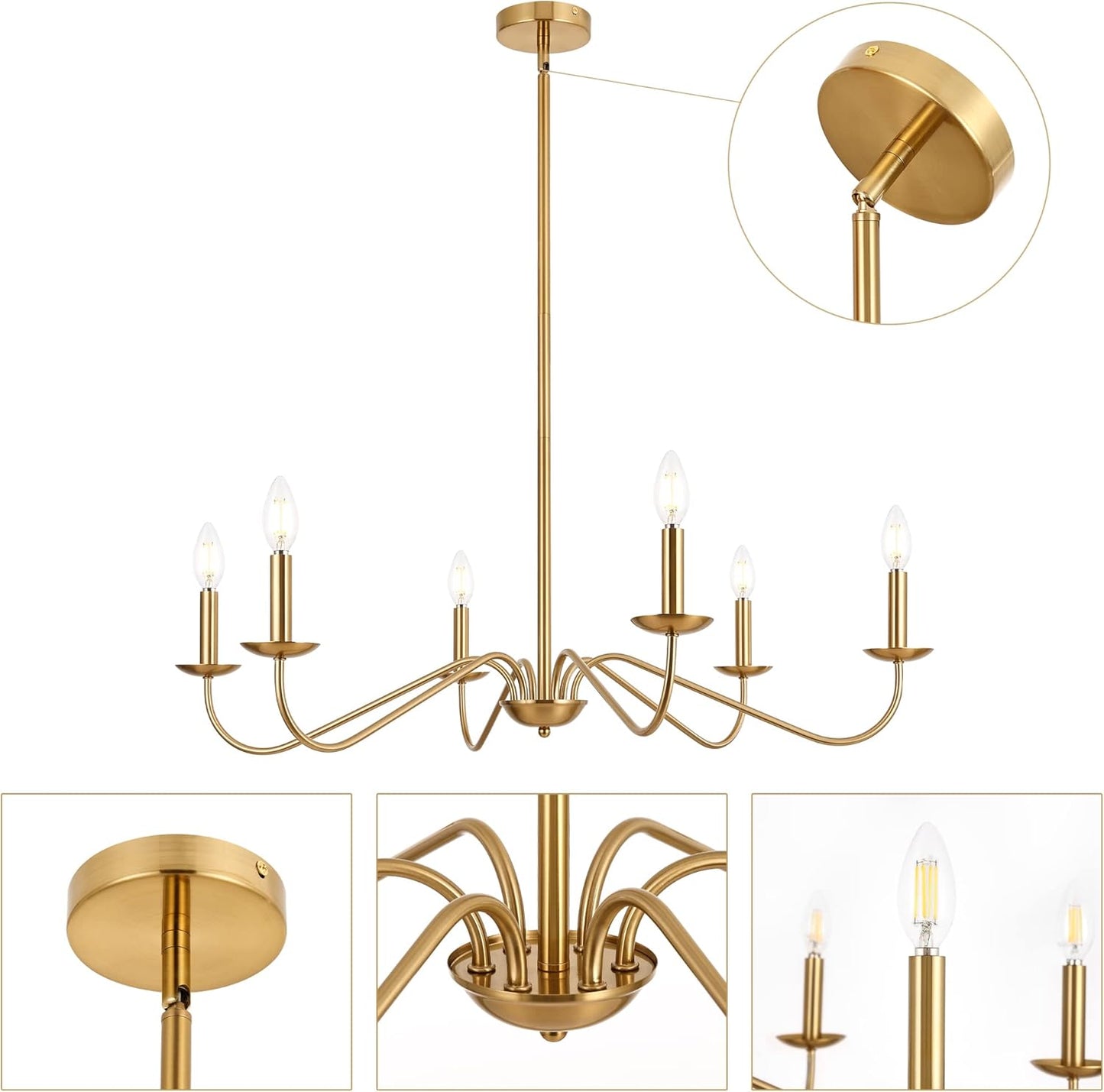 Jonsi Gold Chandeliers Light Fixture, 6 Lights 35' Brushed Brass Chandelier for Dining Room, Sloped Ceiling,Modern Dining Room Light Fixtures Over