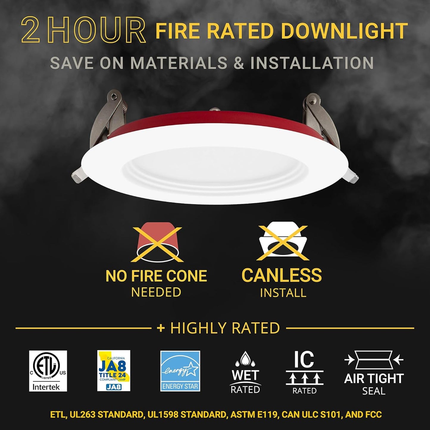 NUWATT 4 Inch 2 Hour FIRE Rated Baffle LED Recessed Lighting, 27K/30K/35K/40K/50K 5CT Selectable, Dimmable, 900LM, IC Ra