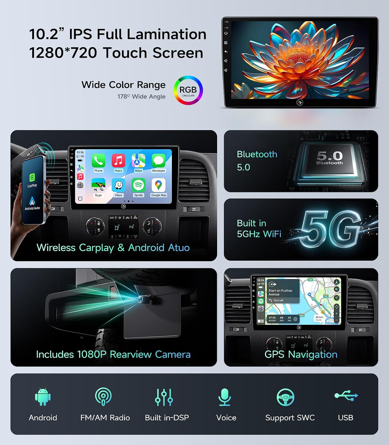 Car Radio Stereo for Chevy Silverado GMC Sierra 07-13, CarPlay Android Auto | 10.2-inch IPS HD touchscreen, 64G storage, 5G WiFi GPS, Bluetooth FM AM SWC, plug-and-play, 1080P backup camera