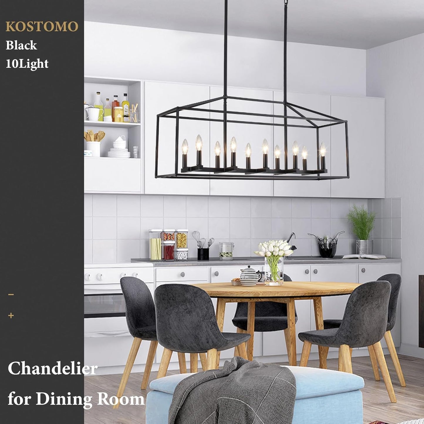 Dining Room Chandelier 10 Light Kitchen Island Light Modern Farmhouse Chandeliers Contemporary Pendant Light Matte Black Finish Rectangle Modern Pen