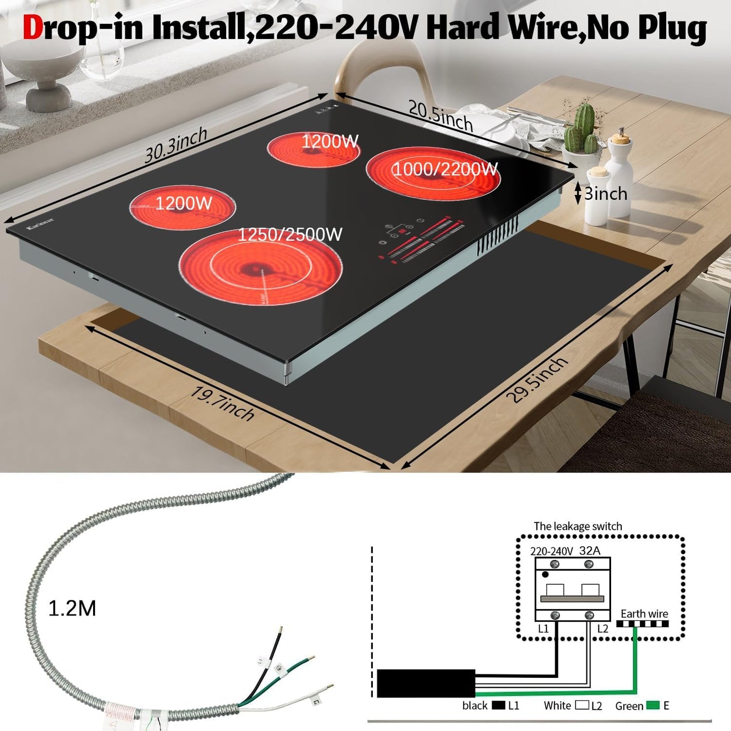 4 Burner Electric Cooktop 30 Inch, 220V Electric Stove Top 30 Inch Built-in Install, 7100W Electric Ceramic Cooktop with Slide Control, Timer, Child