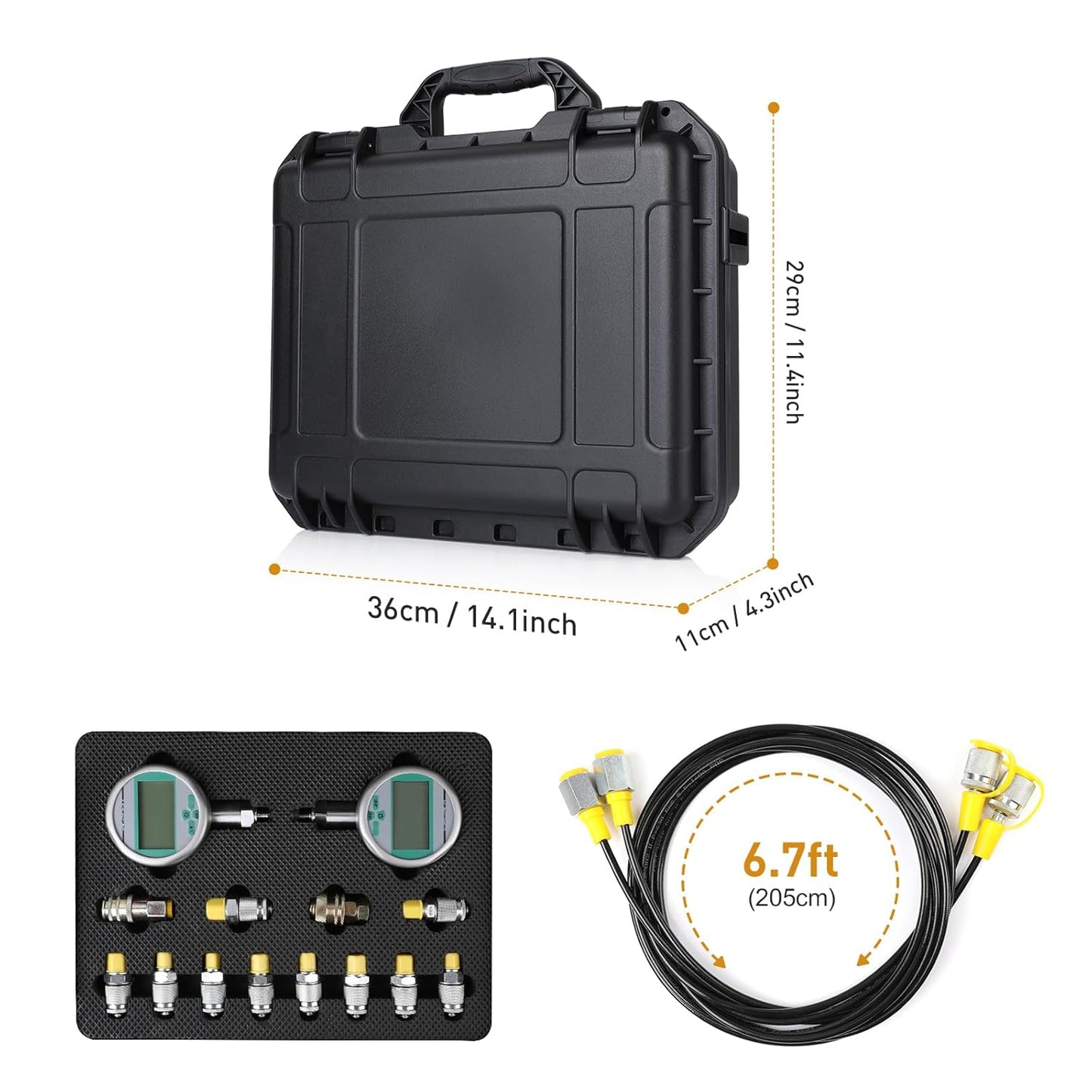 80M Digital Hydraulic Pressure Test Kit, Max 11603PSI/80Mpa 2 Digital Pressure Gauges, 10 Test Couplings, 2 Quick Connectors, 2 Long Test