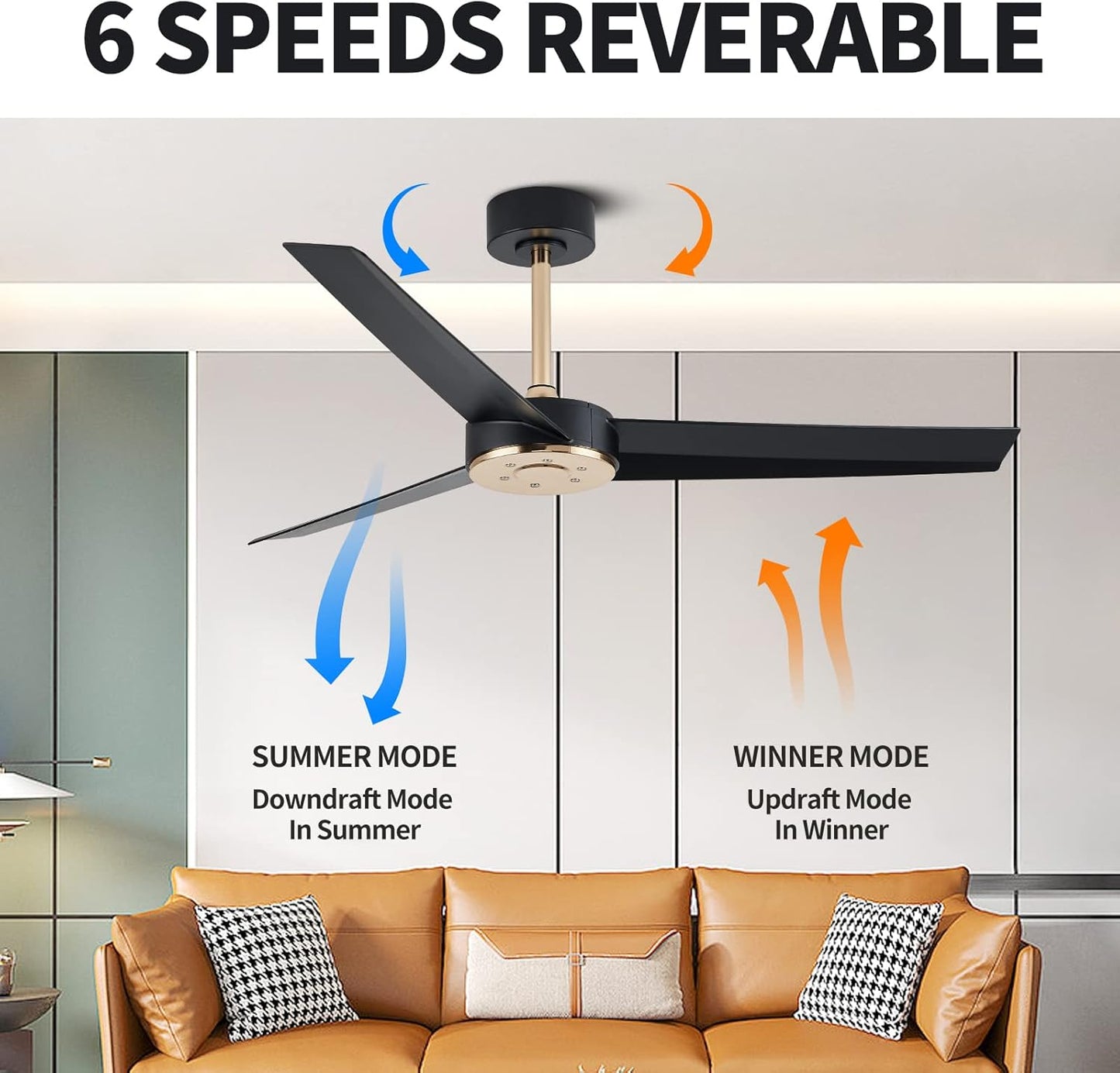 Wofifly 52'' Black and Gold Ceiling Fans No Light with Remote, Matte Black Ceiling fan without Light for Patios Bedroom, Outdoor Ceiling Fan with 6