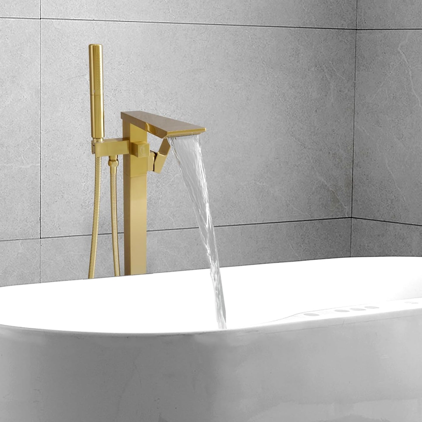 Brushed Gold Bathtub Filler Freestanding Tub Filler Floor Mount Tub Faucet Waterfall Bathtub Faucet with CUPC Certified