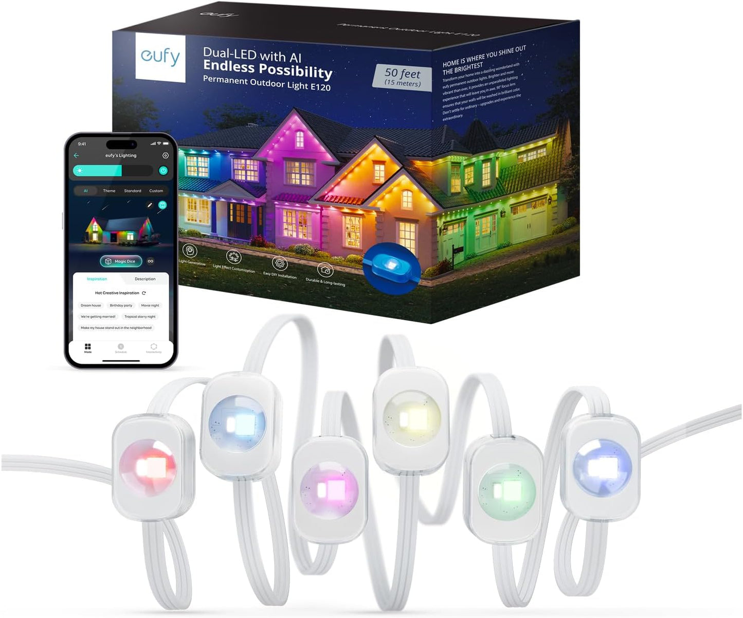 eufy Permanent Outdoor Lights E120, 50ft with 30 Dual-LED RGB and Warm White Eave Lights, IP67 Waterproof, App Control, AI Light Design, Endless Themes for Eas