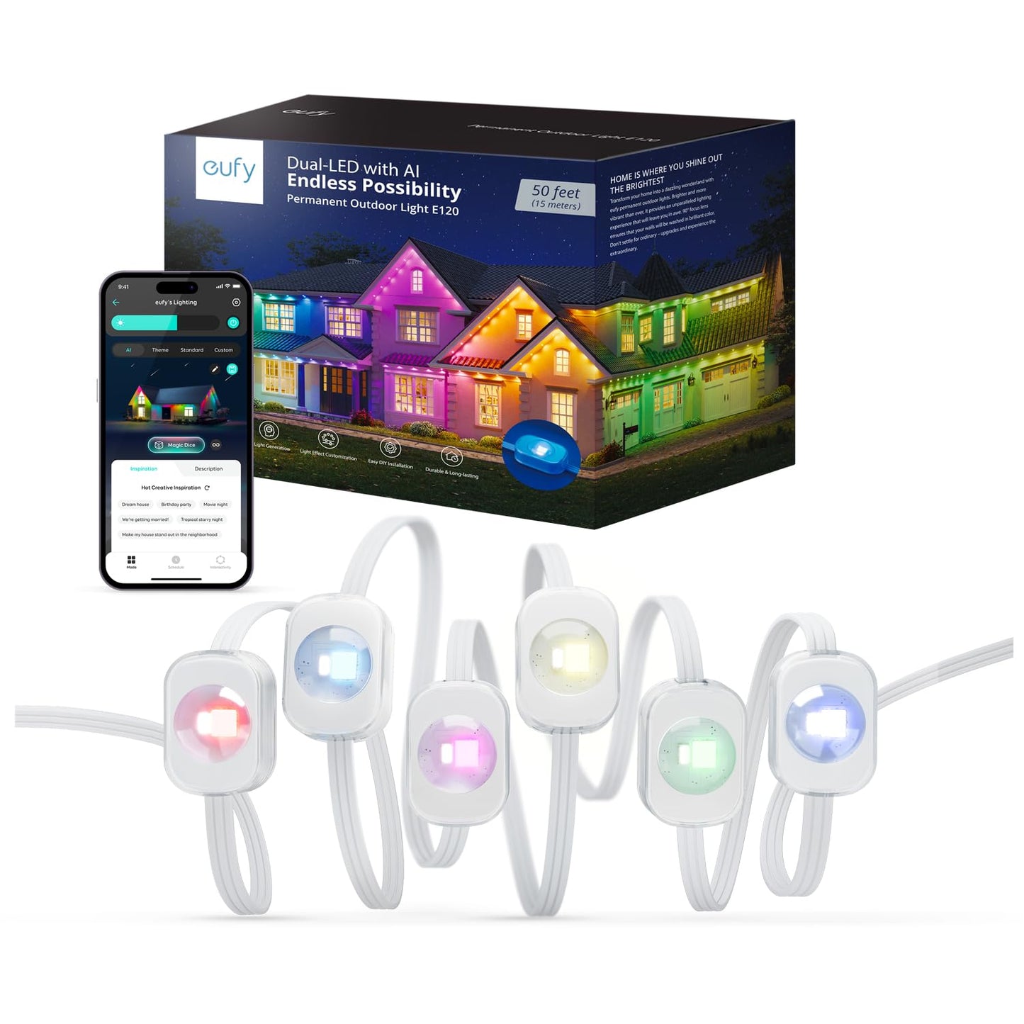 eufy Permanent Outdoor Lights E120, 50ft with 30 Dual-LED RGB and Warm White Eave Lights, IP67 Waterproof, App Control, AI Light Design, Endless Themes for Eas