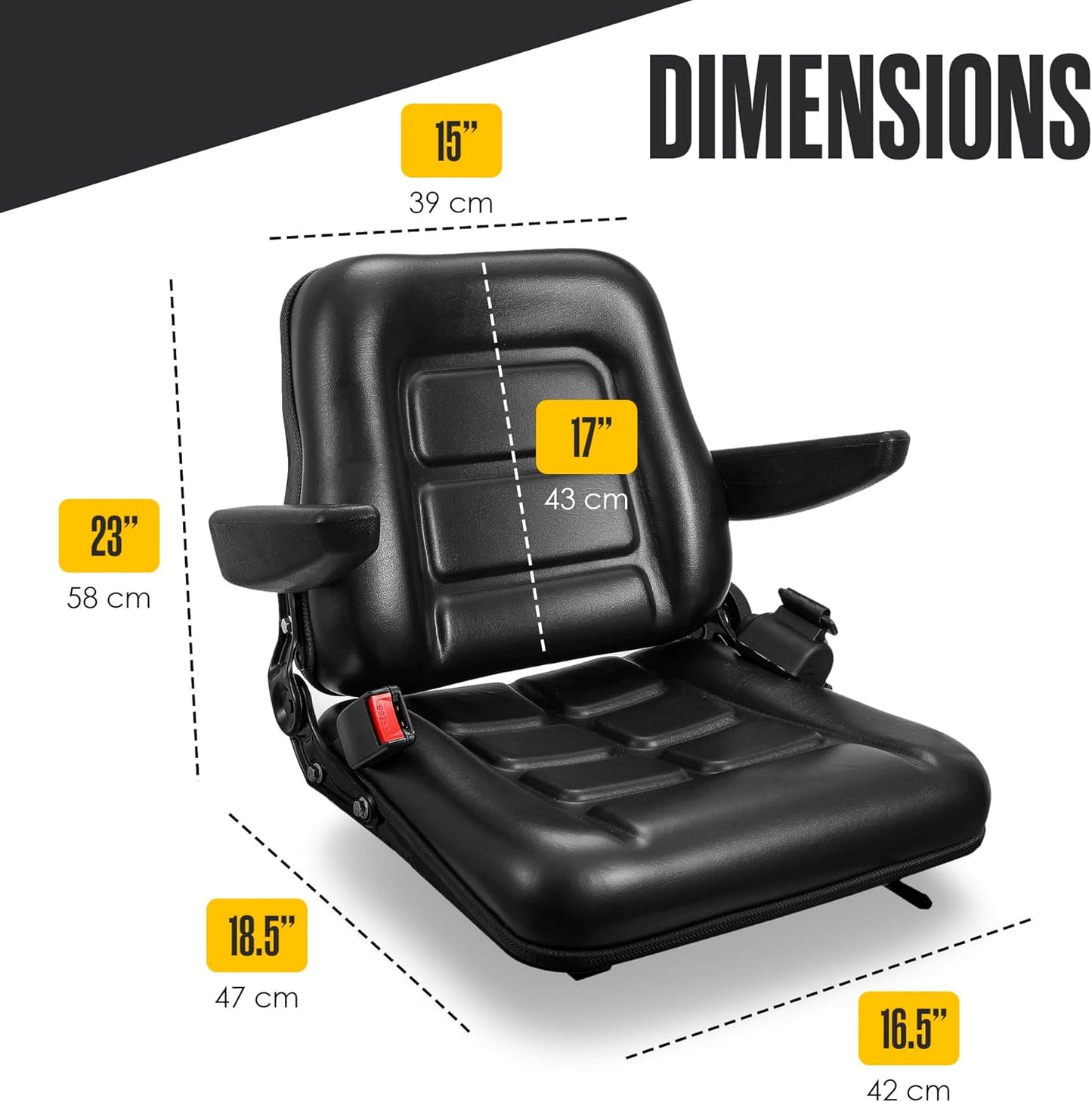 Houseables Universal Tractor Seat, Forklift Seat, Faux Leather, Adjustable Slide, Recline, Armrest, Retracting Seatbelt, Safety Sw