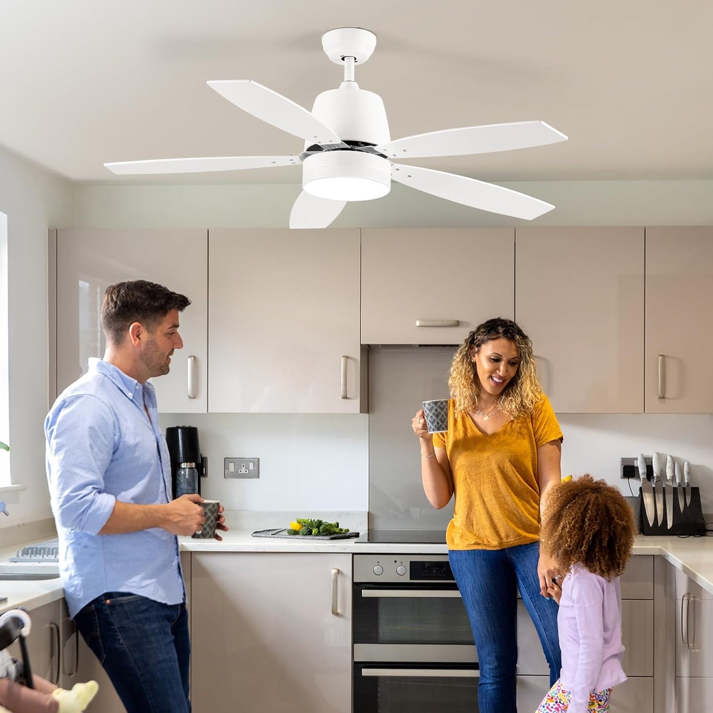 Ceiling Fan with Lights, 52 Inch White Ceiling Fan with Remote, Dimmable LED Light, Quiet Reversible Motor, 5 Blades Modern Ceiling Fan for Bedroom