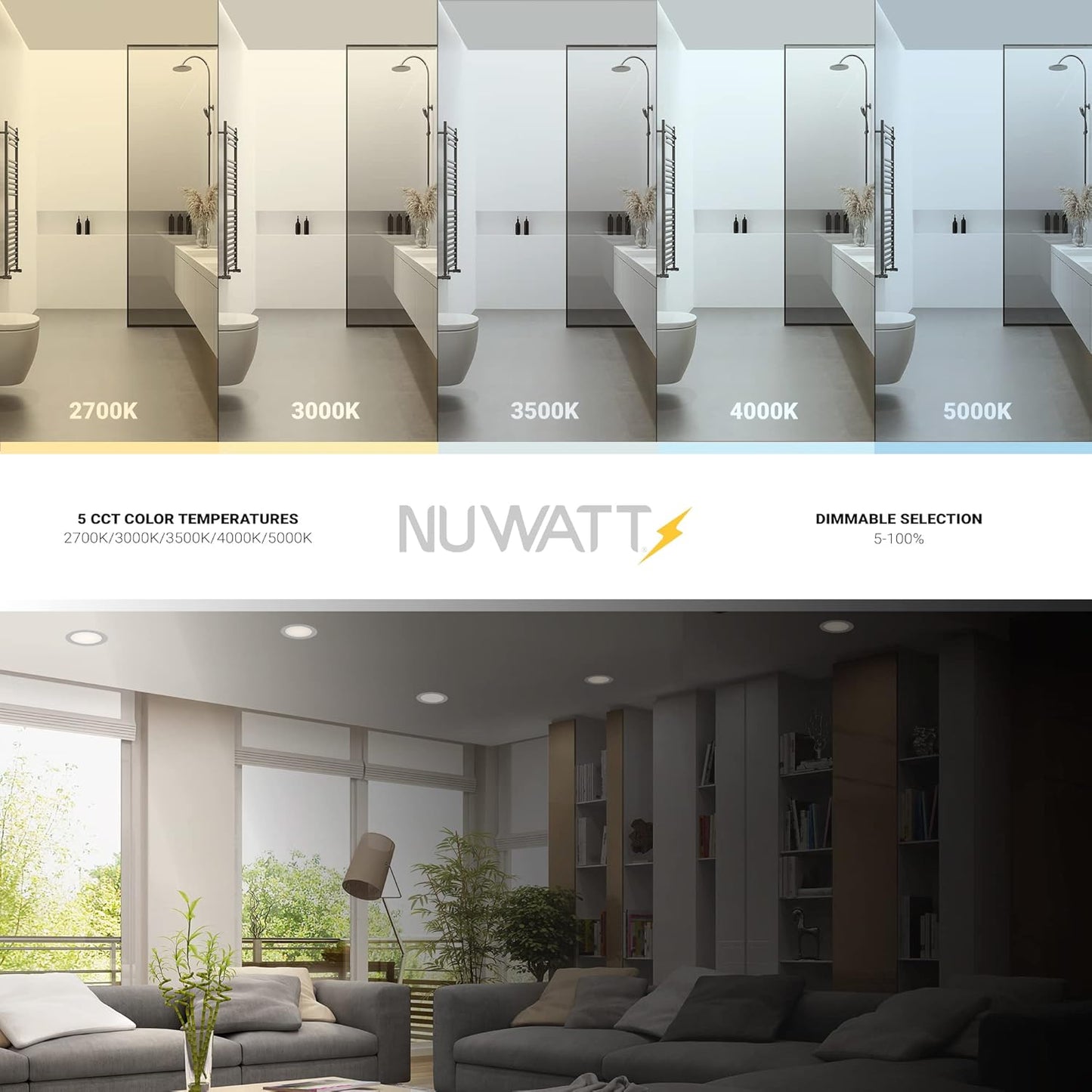 NUWATT | 6 Pack | 6 Inch Gimbal Ultra-Thin LED Recessed Light, 2700K/3000K/3500K/4000K/5000K Selectable, 950 Lumen Dim