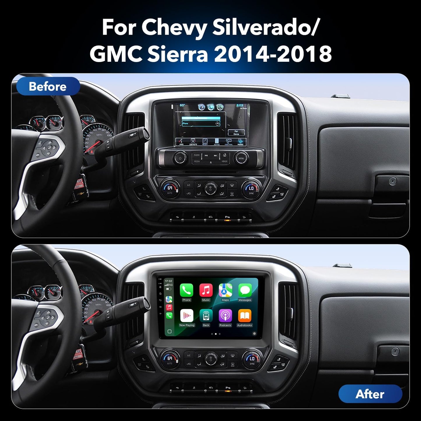 10.2'' 8 Core 4+64GB Car Radio Stereo for 2014-2018 Chevy Silverado/GMC Sierra, Plug and Play Android 13 Head Unit with Wireless Carplay/Android Auto/1080P Backup Camera/FM AM Radio 10.2'' QLED TOUCHSCREEN