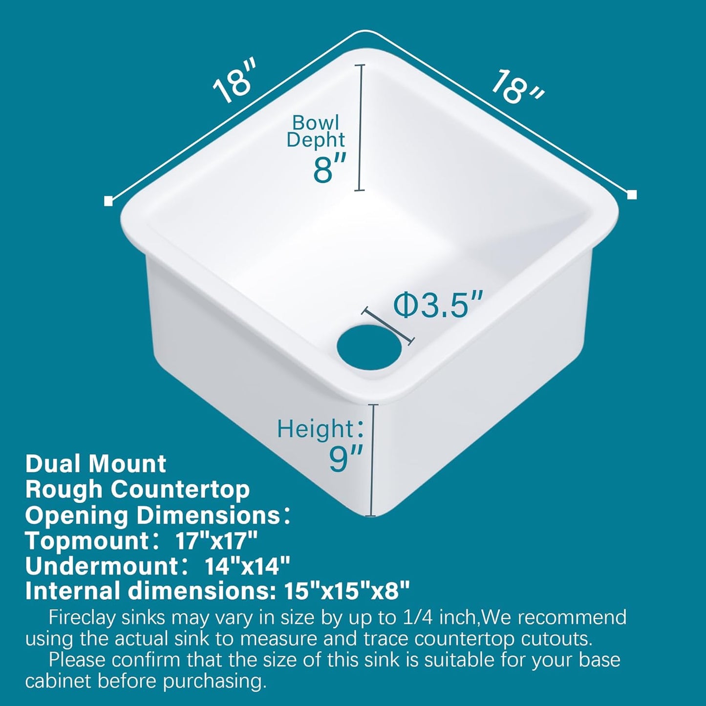 White Undermount Kitchen Sink 18 x 18 Inch, 9' High Small Wet Bar Sink Drop In, Fireclay Prep Sink Single Bowl,