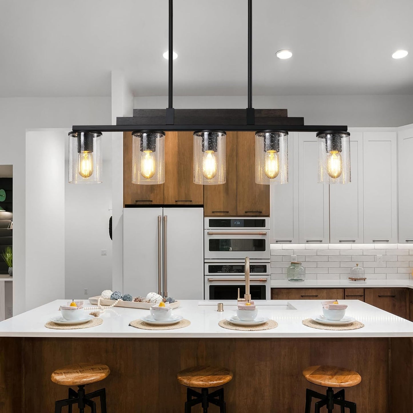 Farmhouse Linear Chandelier for Dining Room, Seeded Glass Dining Room Light Fixture Over Table, Wood Island Light fo