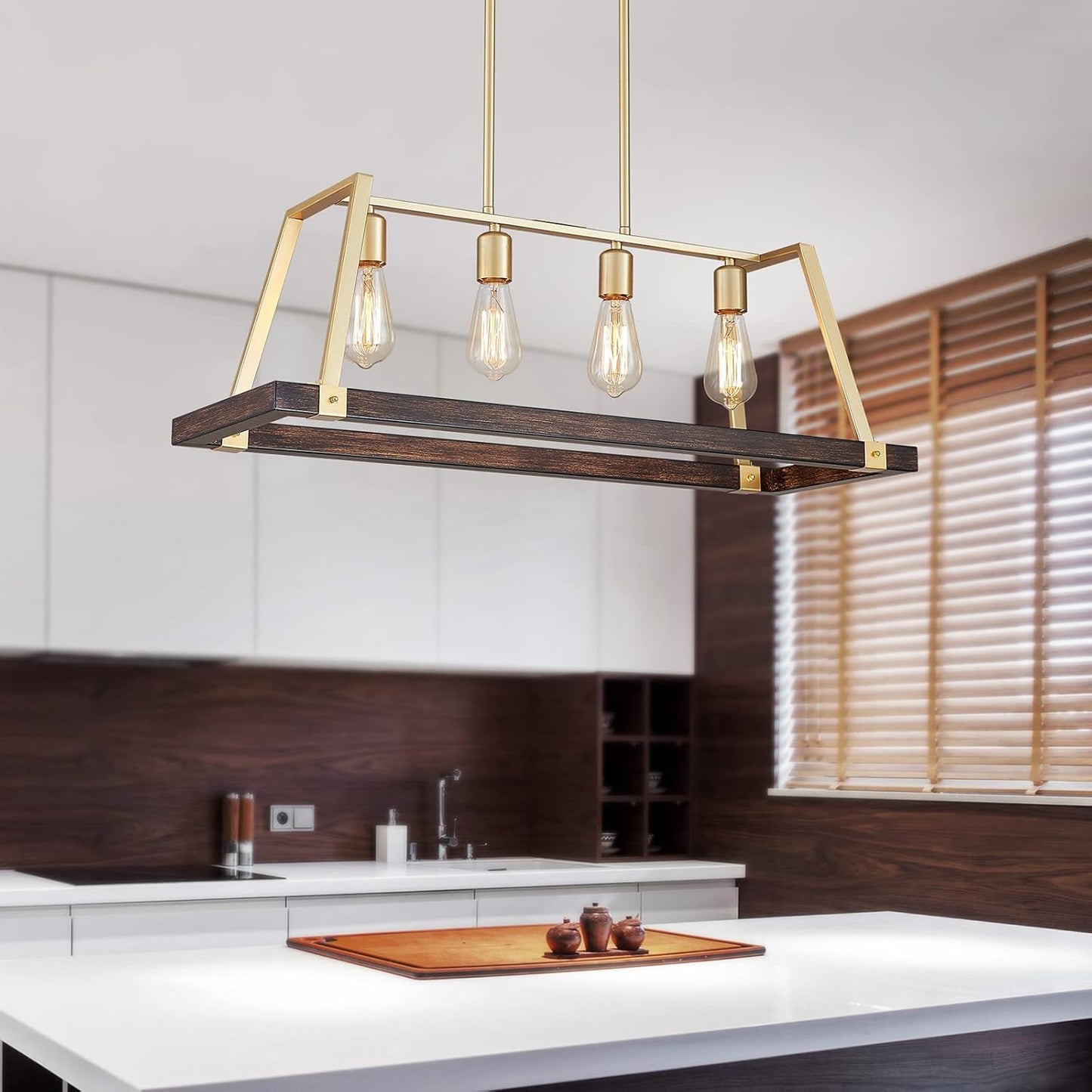 ANJIADENGSHI Painted Wood Color Golden Metal Finish Farmhouse Kitchen Island Pendant Lighting LED Fixture Dining Room Livingroom (Bulbs Not Included)