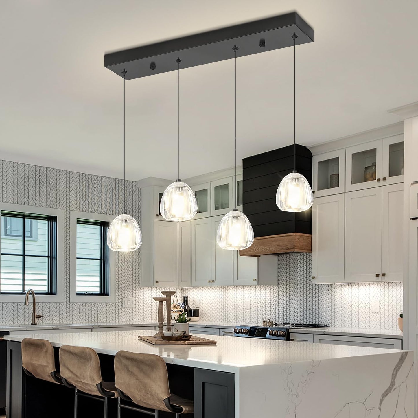 Crystal Kitchen Island Lights,4-Light Black Linear Chandeliers for Dining Room, Kitchen Pendant Lighting Over Island, Rectangular Chandelier for Bedroom Entryway Bathroom R Black Rectangle 4-light