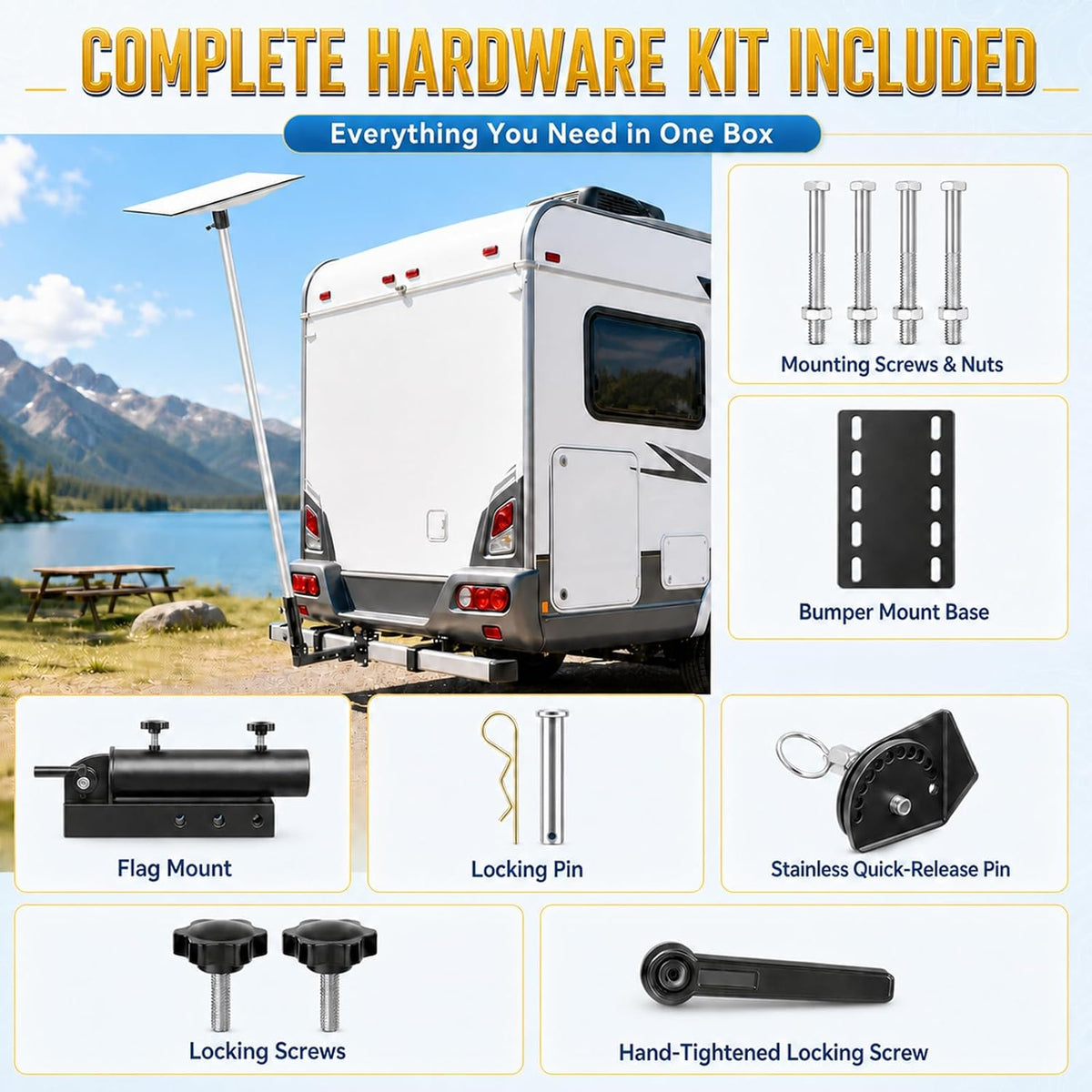 RV Flag Pole Mount, 180° Adjustable Angle Folding RV Flagpole Holder for Trailer Bumper, 2" Hitch Receiver, Heavy Duty Starlink Bumper Mount for Starlink Gen 3/Gen 2/Mini