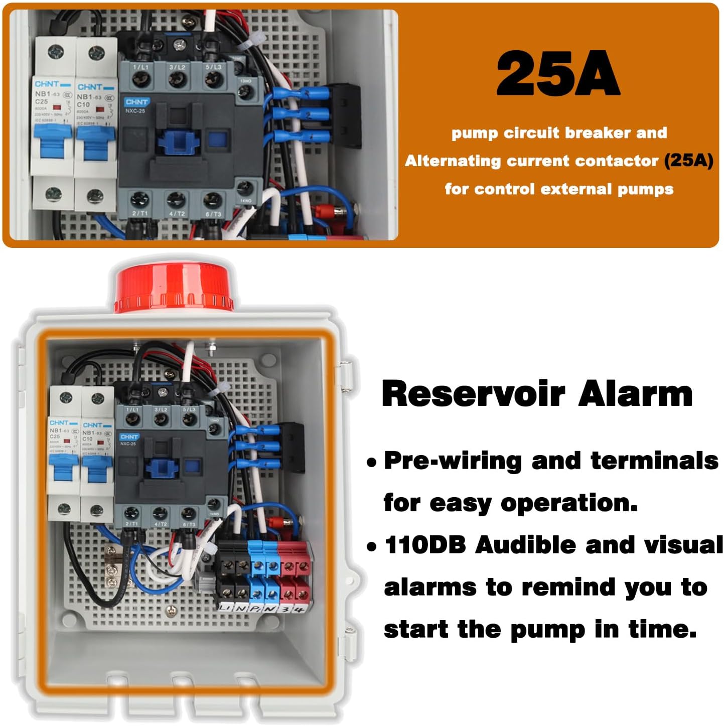 Upgraded Septic Control Panel with Septic Alarm, Pump Circuit Breaker, 14 AWG Power Cord, Float Switch, High Water Septic Tank Alarm with Flashing Lights, 110 DB Audible for Efficient Warning