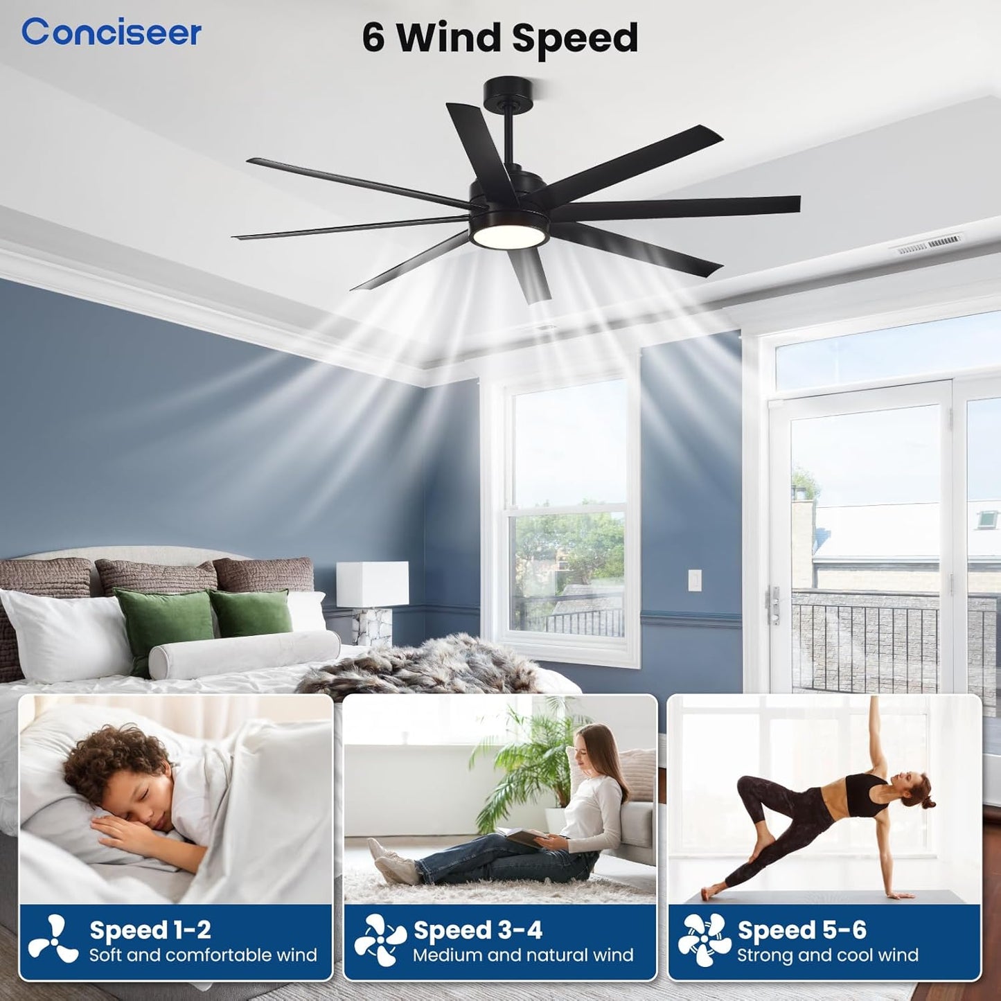 Conciseer Morden Ceiling Fans with Lights,65 Inch Ceiling Fans with Remote for Bedroom Living Room Kitchen, 8 Blades 6 Speed Reversible Quiet DC