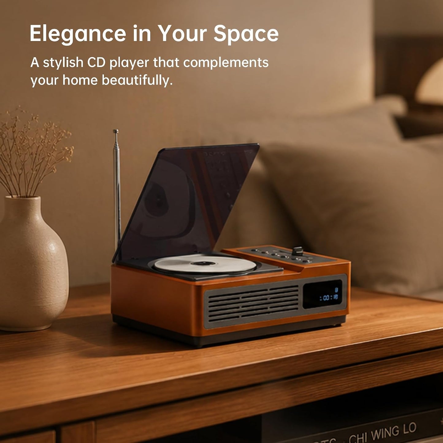 R02 Retro CD Player with FM Radio, Bluetooth 5.3 Transmitter & Receiver, Dual Stereo Speakers, Rechargeable Battery, USB/SD Playback, Home Audio System, Brown
