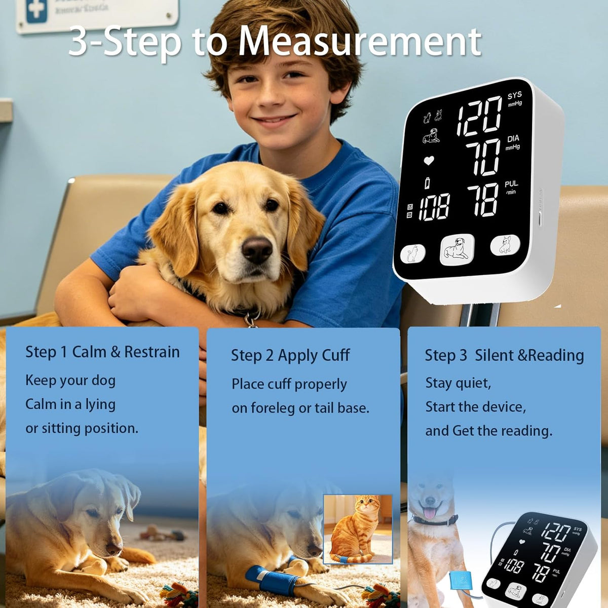 Dog Blood Pressure Monitor for Pet/Dog/Cat, Animal Automatic Digital BP Machine with Large LCD Screen Backlight 3 Cuffs 270 Data Memory Silent Black-2025pro