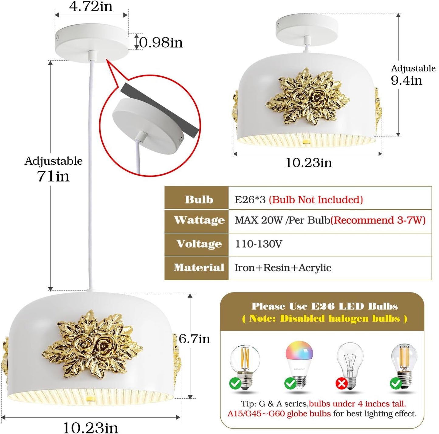 French 3-Light Gold Flower Pendant light, Elegant Floral Kitchen Island Chandelier Small Vintage Fixture 10.2 inch Art Deco Rose White drum-shaped Adjustable Hanging For Dining Room Hallway Entryway.