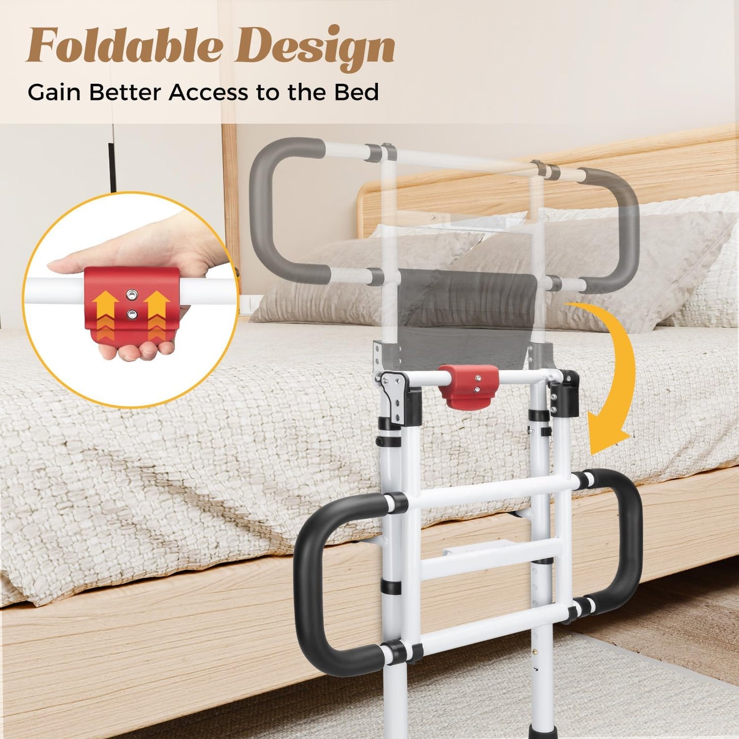 Folding Bed Rail for Elderly Adults with Motion Sensor Light, Adjustable Safety Assist Handle with Secure Straps, Heavy-Duty Bedside Support, Fits Bed Frames 13.58–19.88 in
