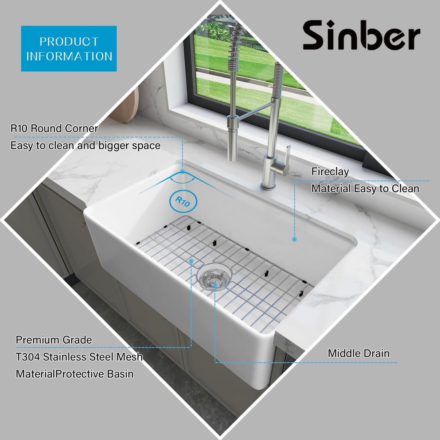 Sinber 30 Inch Farmhouse Apron Single Bowl Kitchen Sink with Fireclay White Finish 2 Accessories F3018S-OLA