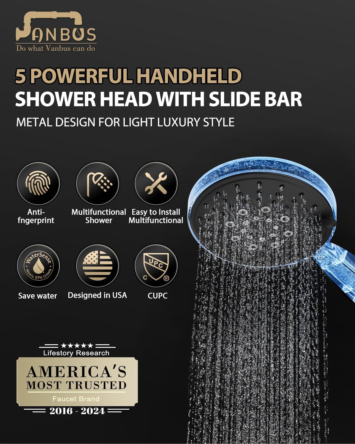 Eco-Performance Matte Black Handheld Shower with Adjustable 32-Inch Slide Bar and 59-Inch Hose, 5-Function Hand