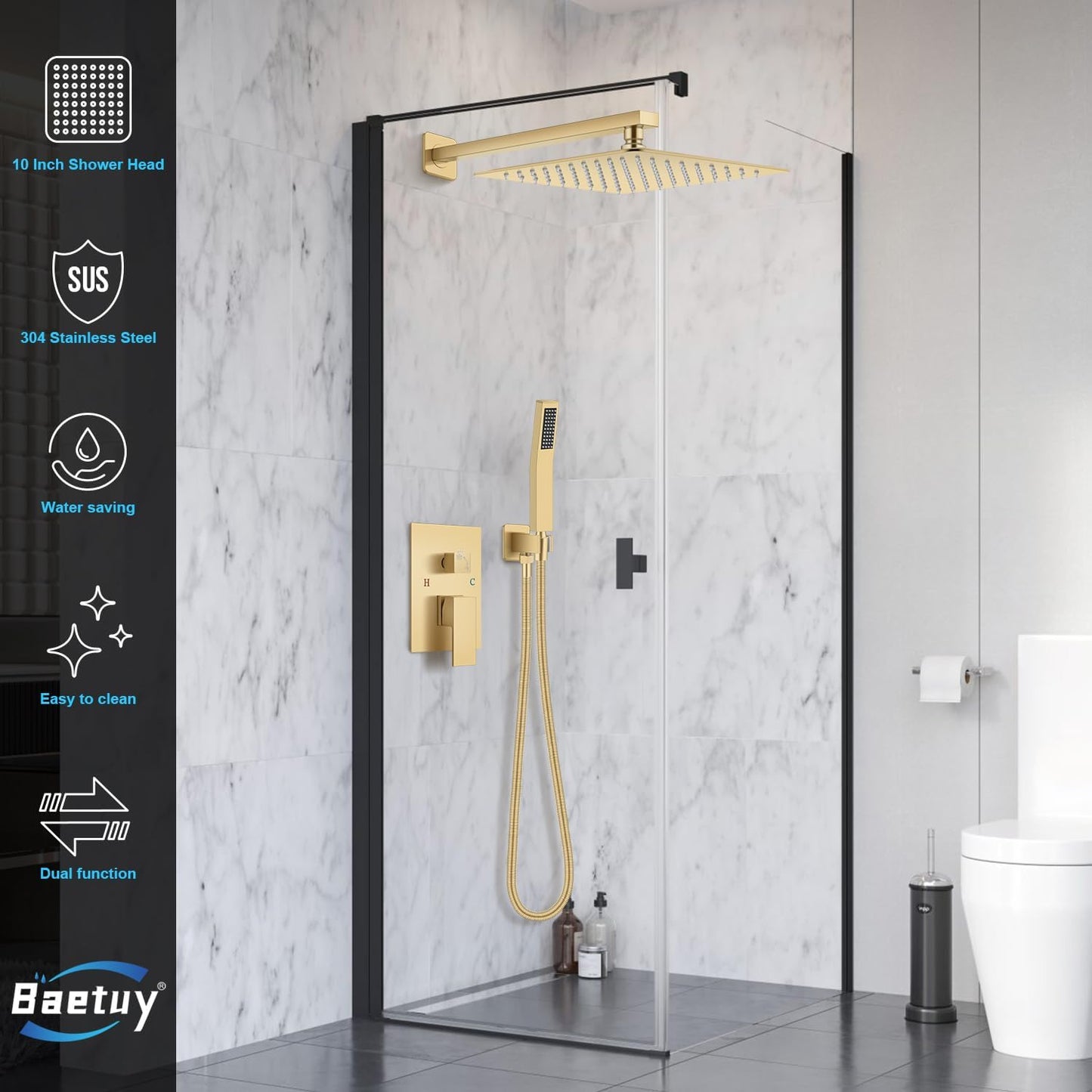 Baetuy 8 Inch Shower Faucet Set, Rainfall Shower System with High Pressure Handheld Shower Head and Square Fixed Shower Head,Spray Wall Mounted