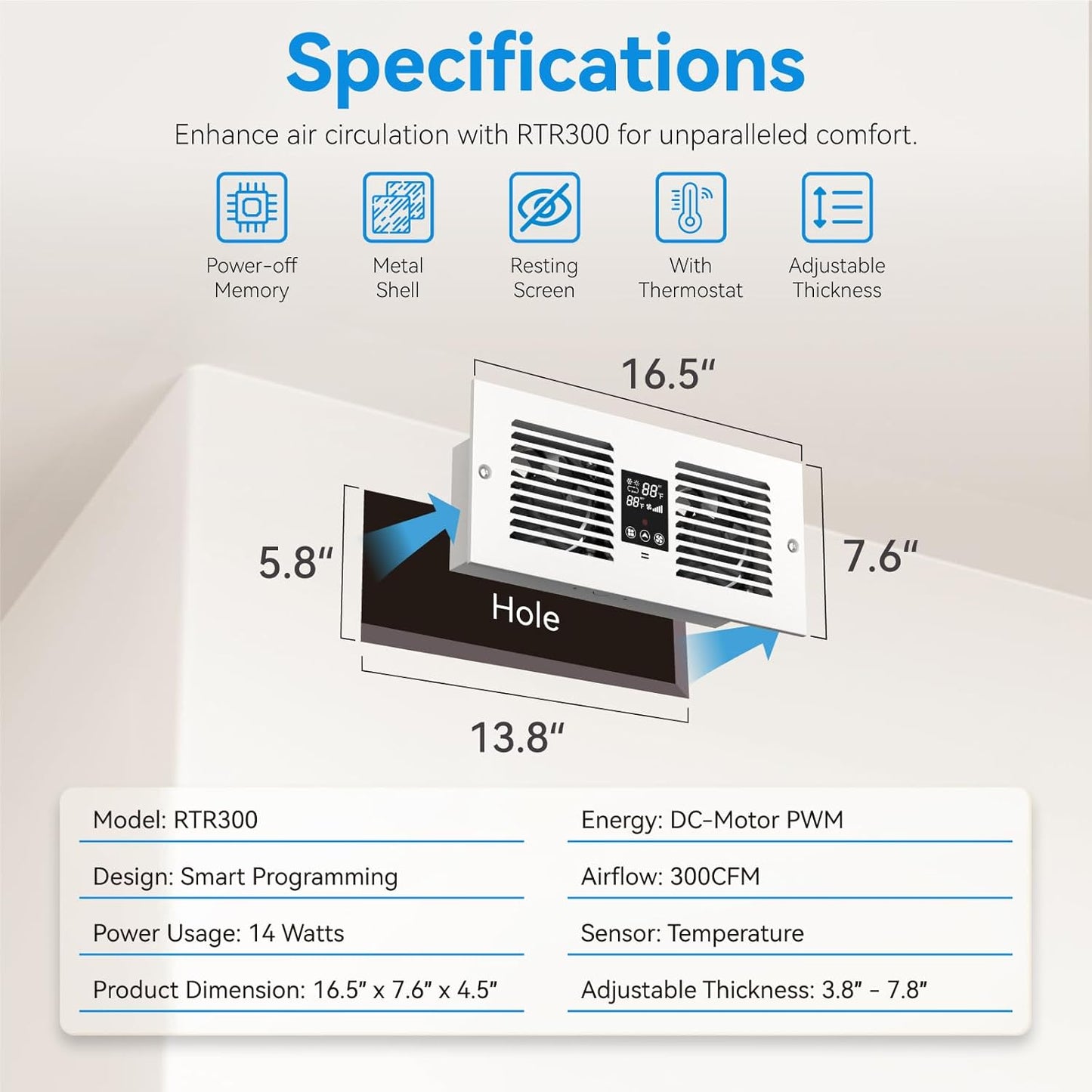 Room to Room Fan with Remote Control, 300CFM Wall Vent Fan with Dual Fan, 5-Speed Through Wall Fan with Temperature Control for Kitchen, Laundry Room