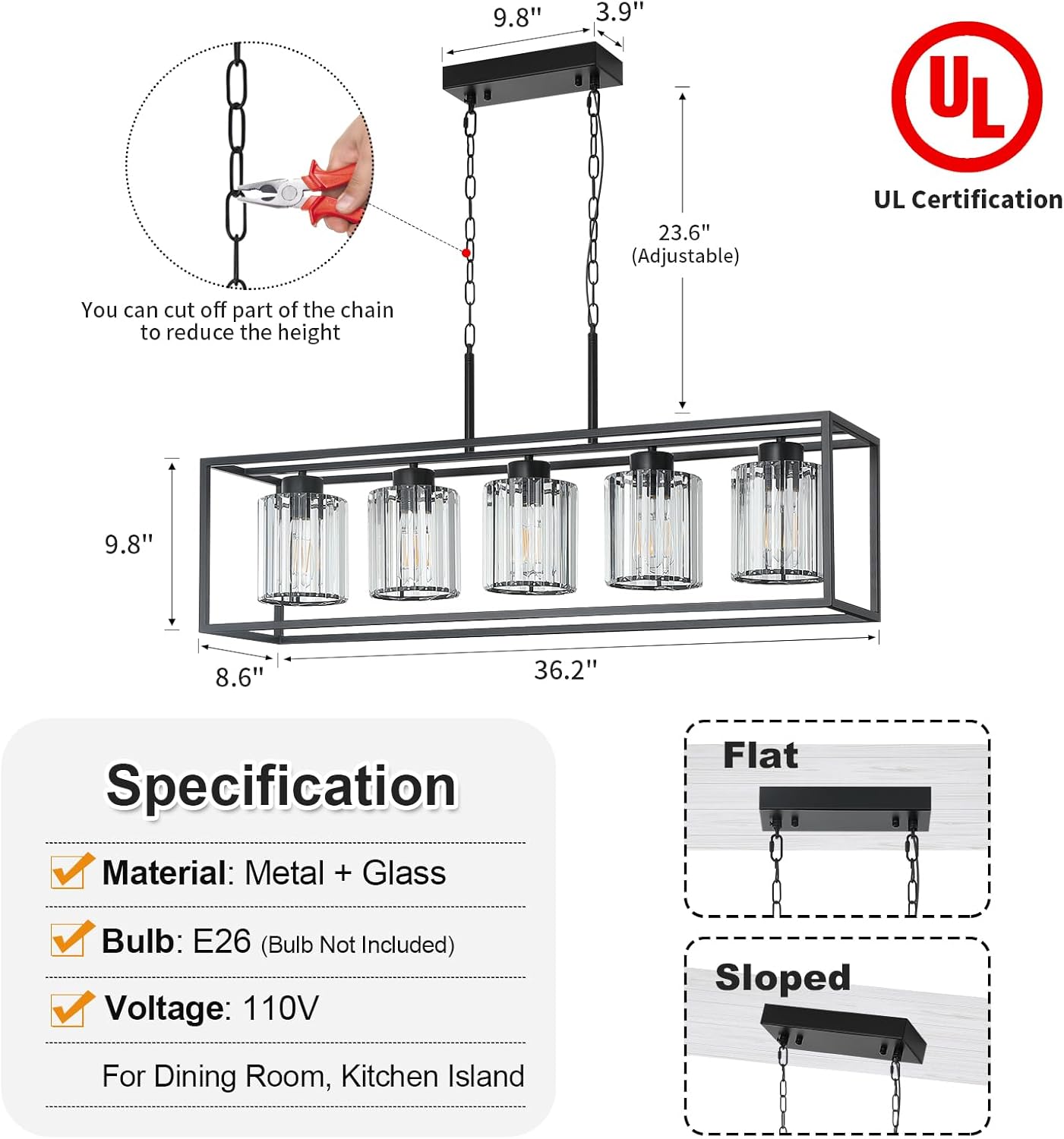 ZenQuirk 5-Light Farmhouse Chandeliers for Dining Room - Rectangle Hanging Industrial Pendant Light Fixture, Over Table Crystal Chandelier for