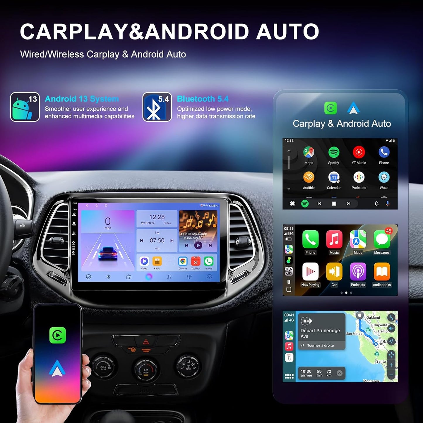 Car Radio Stereo for Jeep Compass 2017-2020,10" Android 13 Touchscreen Head Unit,Wireless CarPlay & Android Auto,GPS Navigation,HD Backup Camera,Mirror Link,WiFi 6,Bluetooth 5.4,FM,SWC 2Ram 64Rom