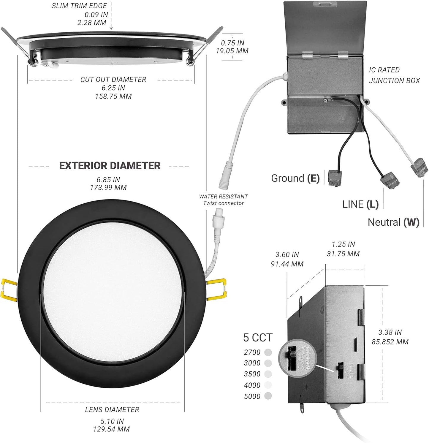 NUWATT | 6 Pack | 6 Inch Gimbal Ultra-Thin LED Recessed Light, 2700K/3000K/3500K/4000K/5000K Selectable, 950 Lumen Dim