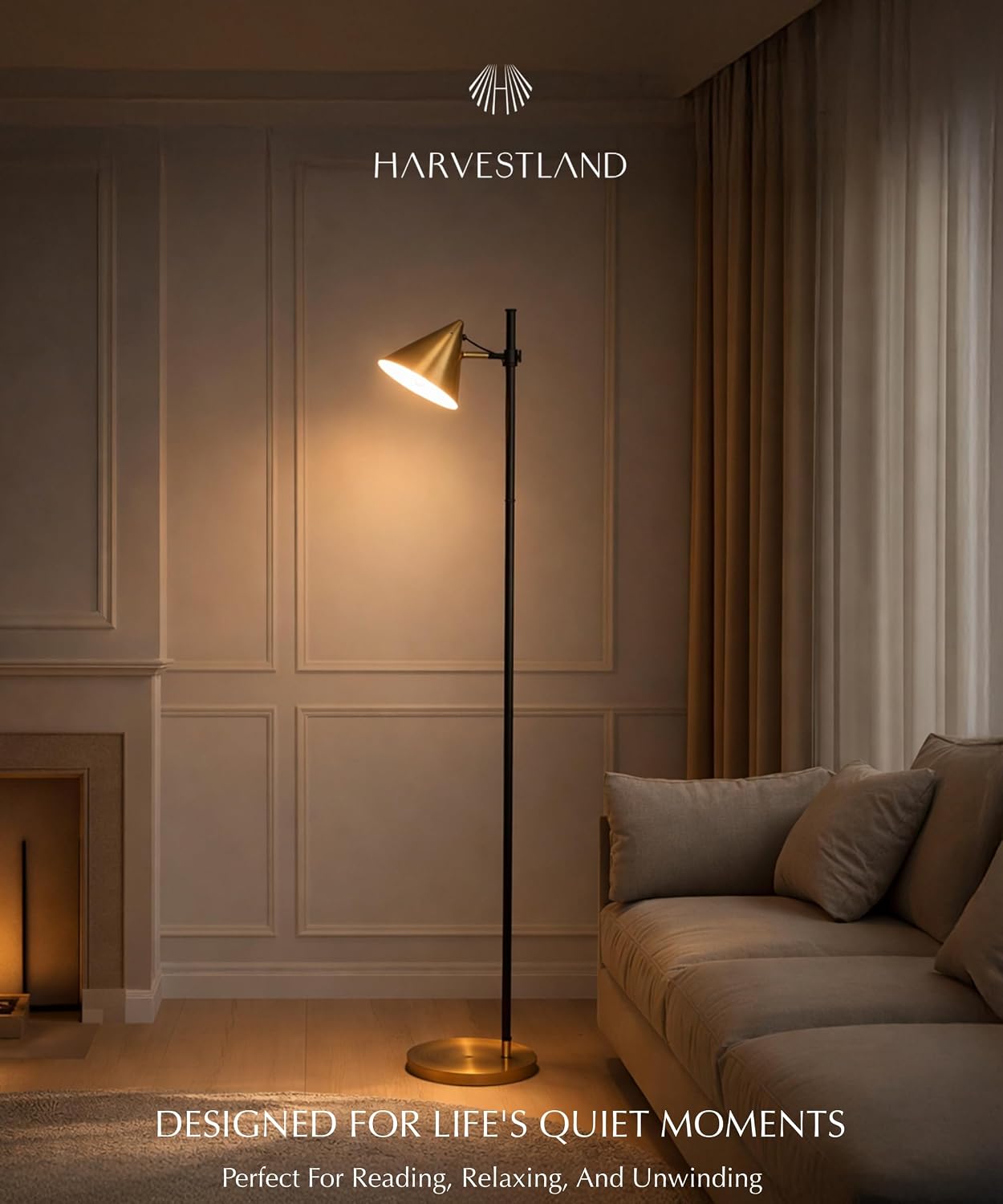 HarvestLand Noah Brass Floor Lamp, Adjustable Reading Lamp | 345° adjustable gold floor lamp with 13” height adjustment and solid base for reading and relaxing.