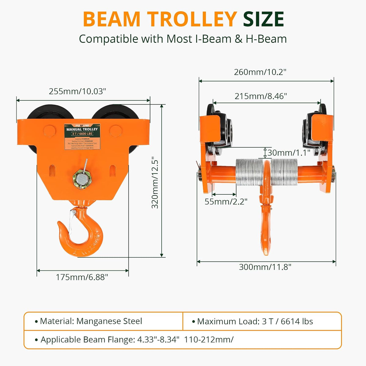 Push Beam Trolley 3 Ton I-Beam with Hoist Hook, Adjustable