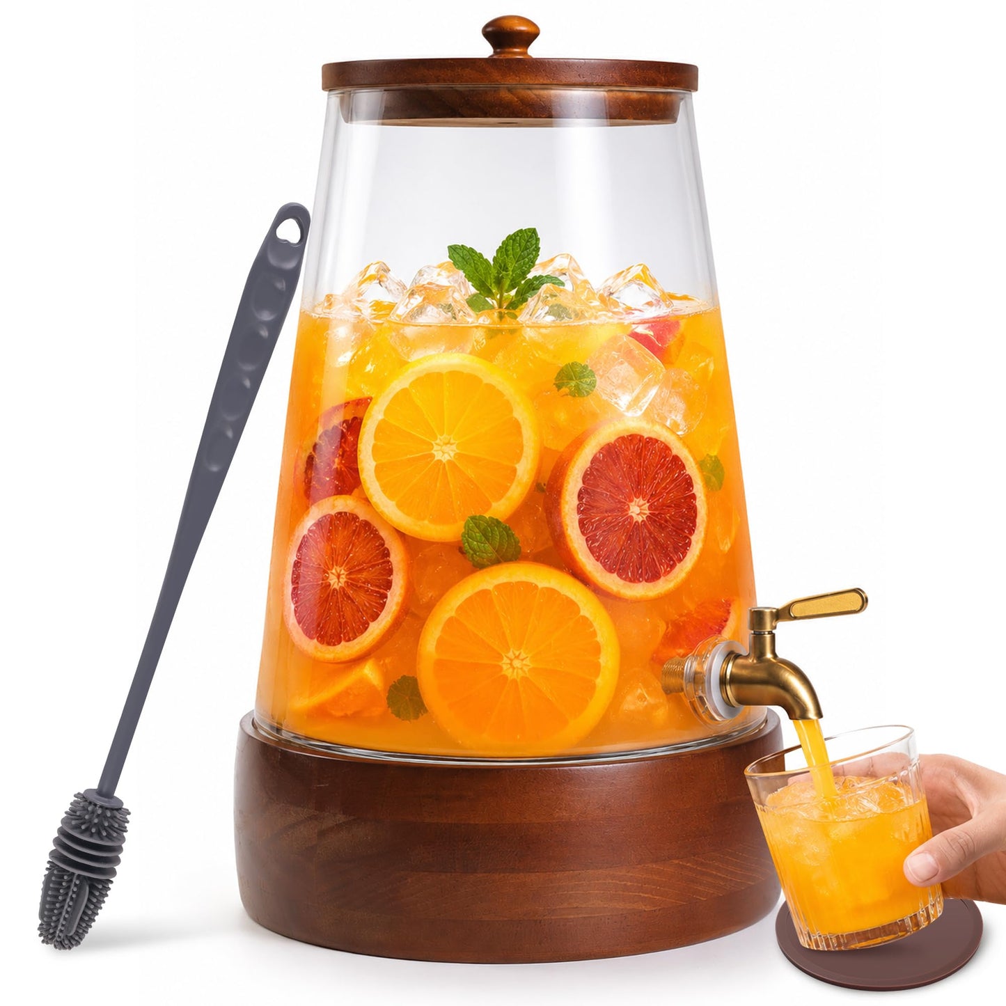 Glass Drink Dispenser with Spigot, 1.72 Gallon Beverage Dispenser for Parties, Acacia Wood Stand, Silicone Protection Mat & Cleaning Brush, Beverage Server for Lemonade, Juice, Iced Tea, Sangria