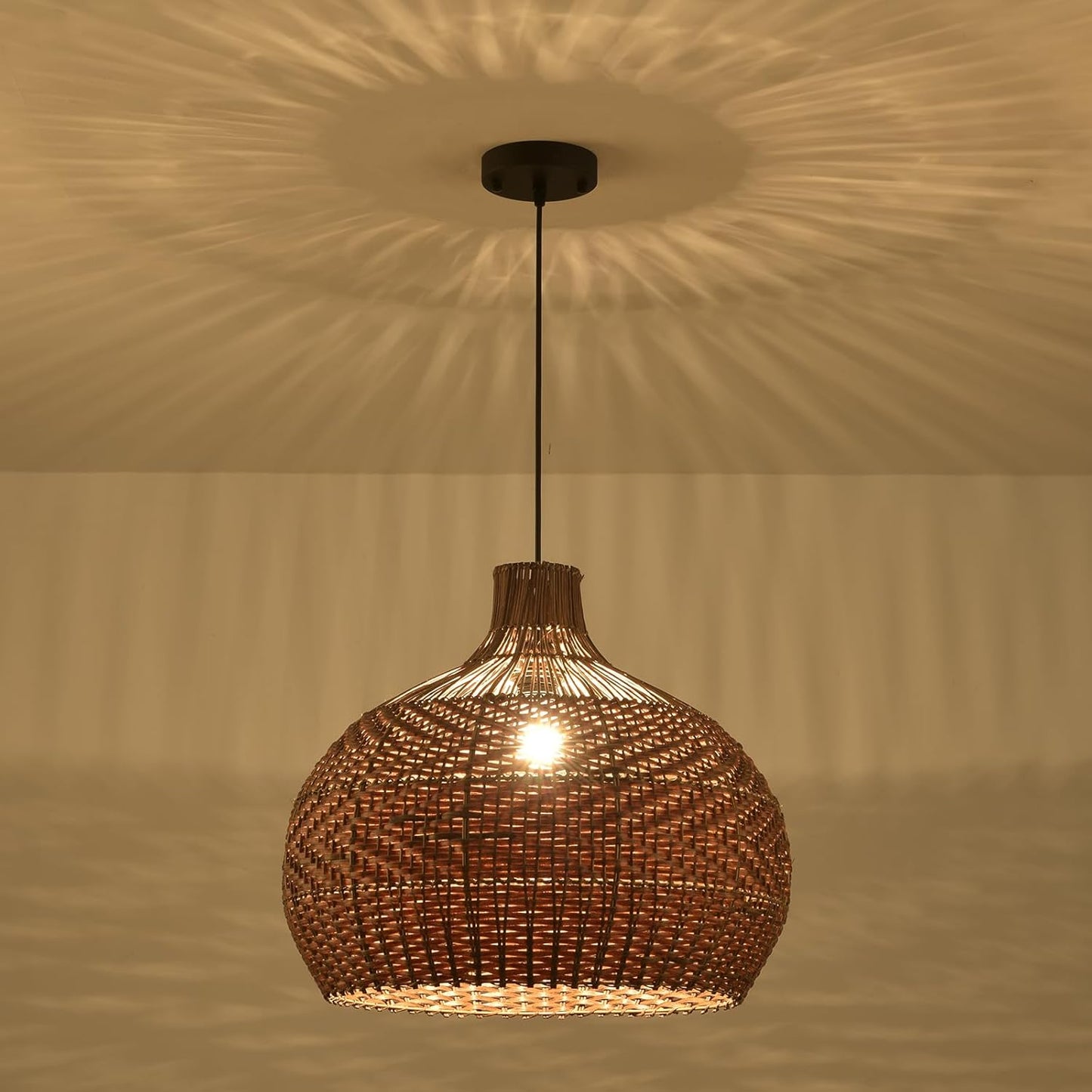 LHJIHFU Rattan Light Fixture Pendant Light, Modern Hand Woven Coffee Rattan Ceiling Hanging Pendant Light for Kitchen Island Dining Room Living Room