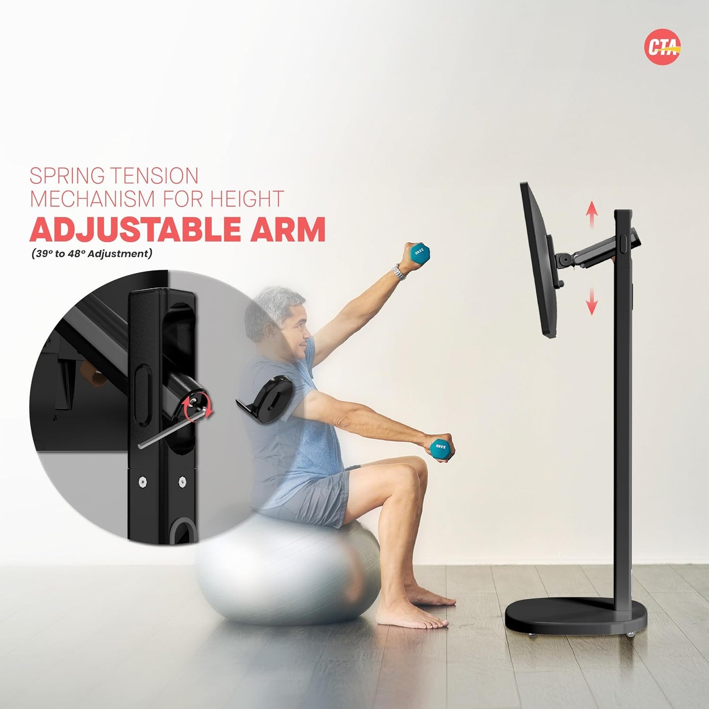 CTA Ergonomic Floor Stand for Monitors & TV’s Up to 35-inches & 22 lbs - Mobile Stand with Anti-Knockdown Base & Height Adjustable - Commercial Grade - Black - (ADD-MSADFSB)