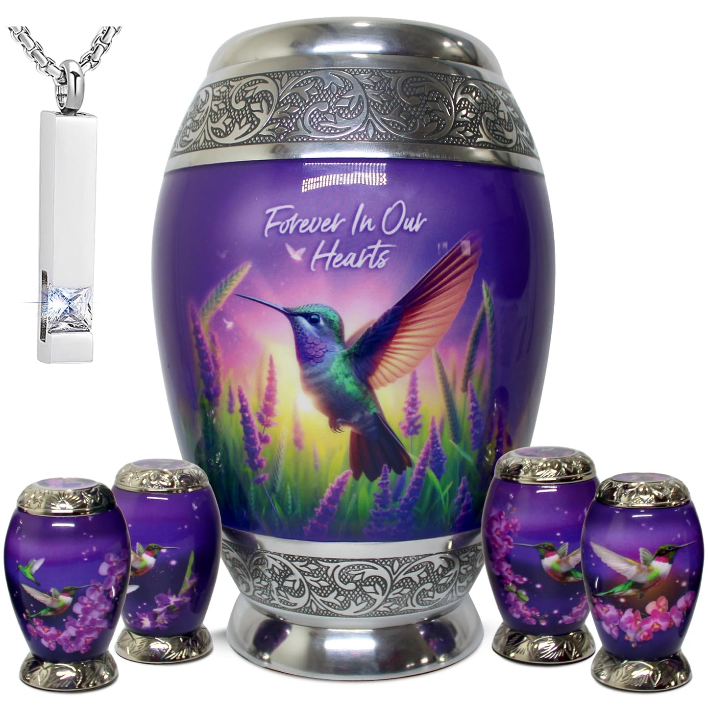 Small Urns for Human Ashes Adult Female Set of 6 - Hummingbird Urns for Ashes for Women - Purple Mini Urns for Sharing Ashes - Honor Loved Ones with Love and Grace
