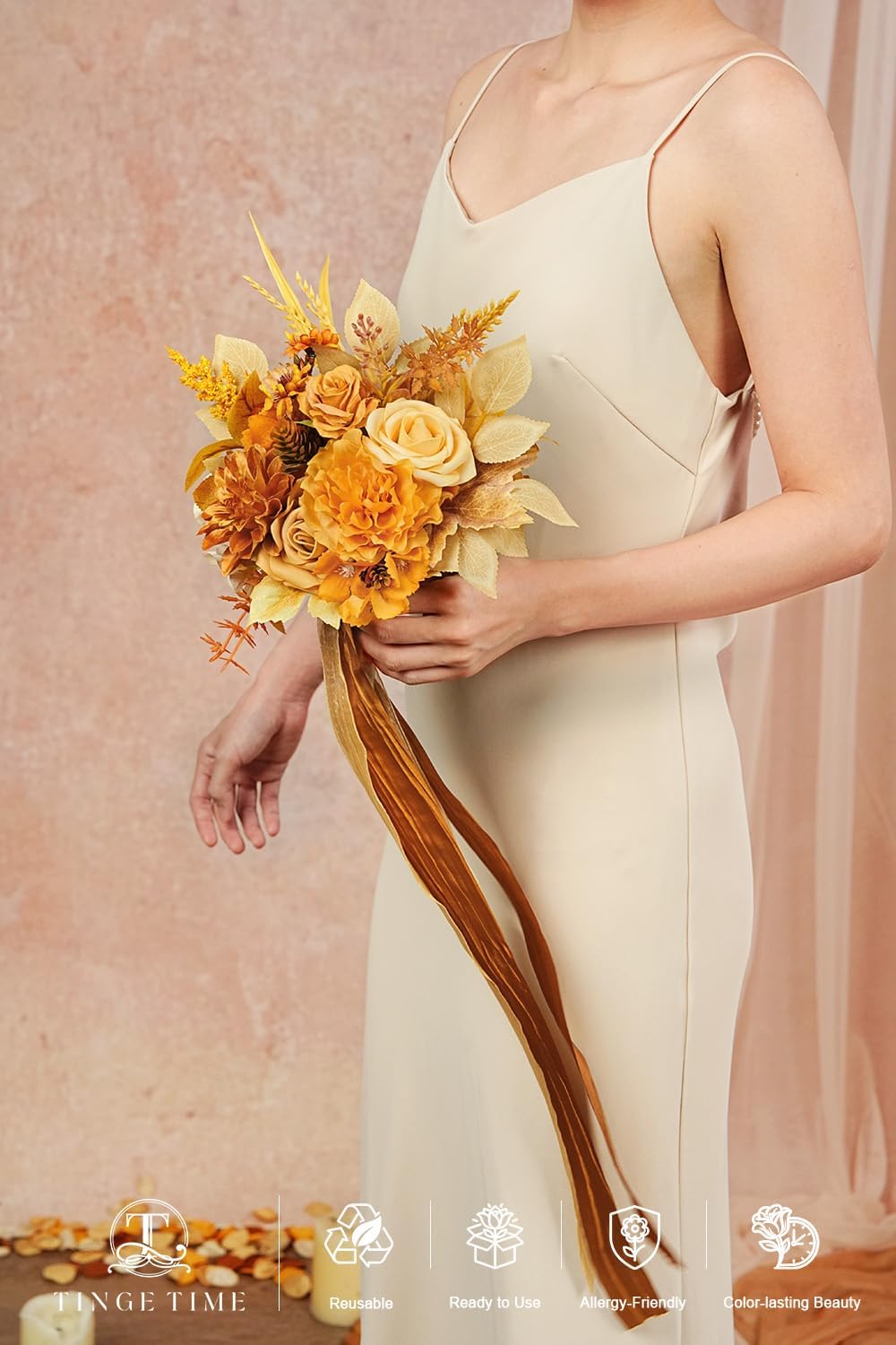 TINGE TIME 7in Wheat Gold Silk Bridesmaid Bouquets Set 4