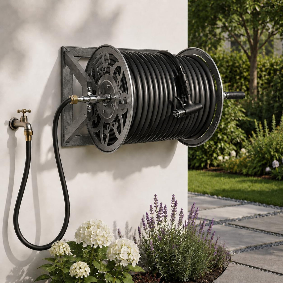 Wall Mounted Garden Hose Reel – Holds 200 ft 5/8" Hose, Heavy-Duty Steel Manual Winder, with Brass Connector, 5ft Leader, Decorative Pattern, Space Saver, Gray Finish, for Outdoor Gardens & Lawns.