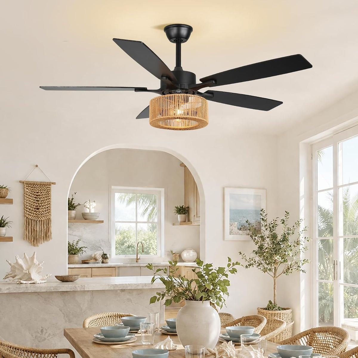52In Boho Fandelier Ceiling Fan with Light, Hand-Woven Rattan Shade Beige