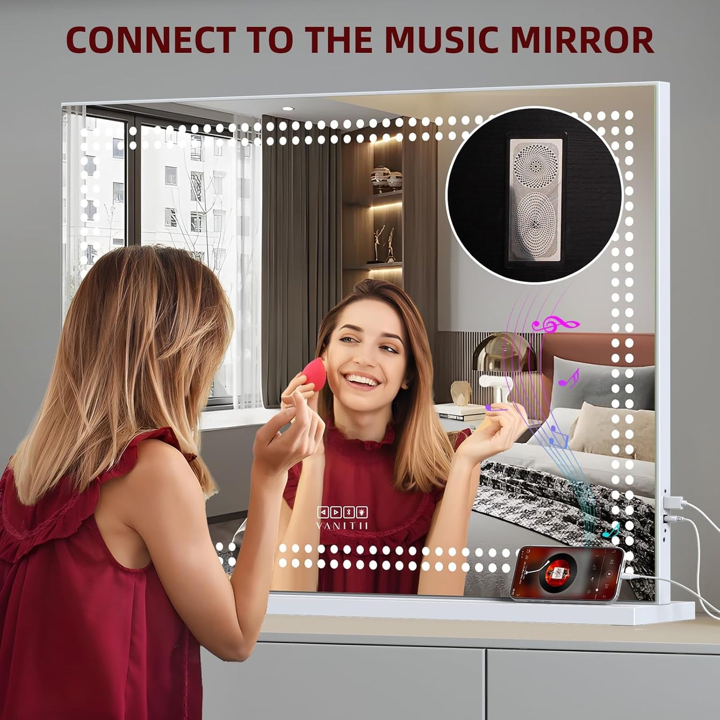 Vanity Mirror with Lights 32'x23' Lighted Makeup Vanity Mirror with Smart Speaker Dimmable 3 Light Modes 10X Magnification Light Up Mirror